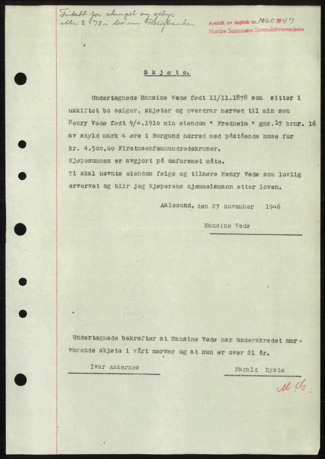 Nordre Sunnmøre sorenskriveri, AV/SAT-A-0006/1/2/2C/2Ca: Mortgage book no. A24, 1947-1947, Diary no: : 1060/1947