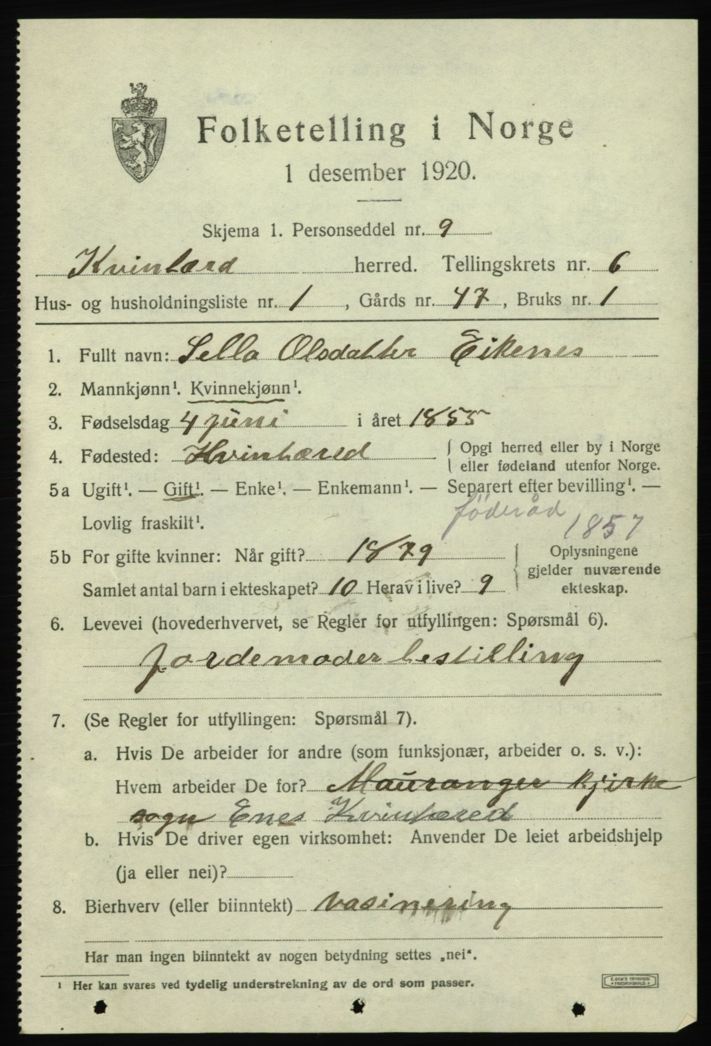SAB, 1920 census for Kvinnherad, 1920, p. 6234
