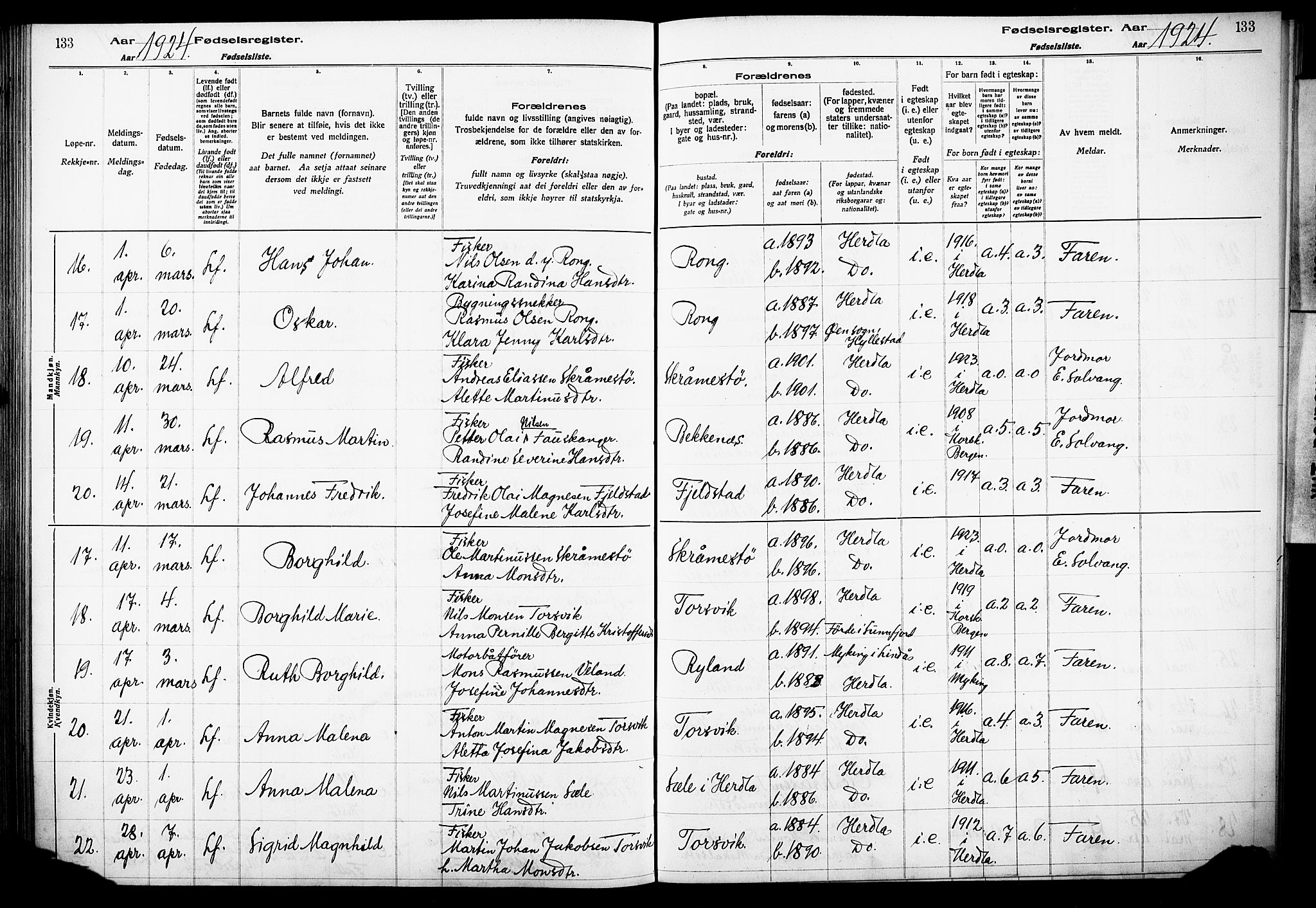 Herdla Sokneprestembete, AV/SAB-A-75701/I/Id/L00A1: Birth register no. A 1, 1916-1929, p. 133