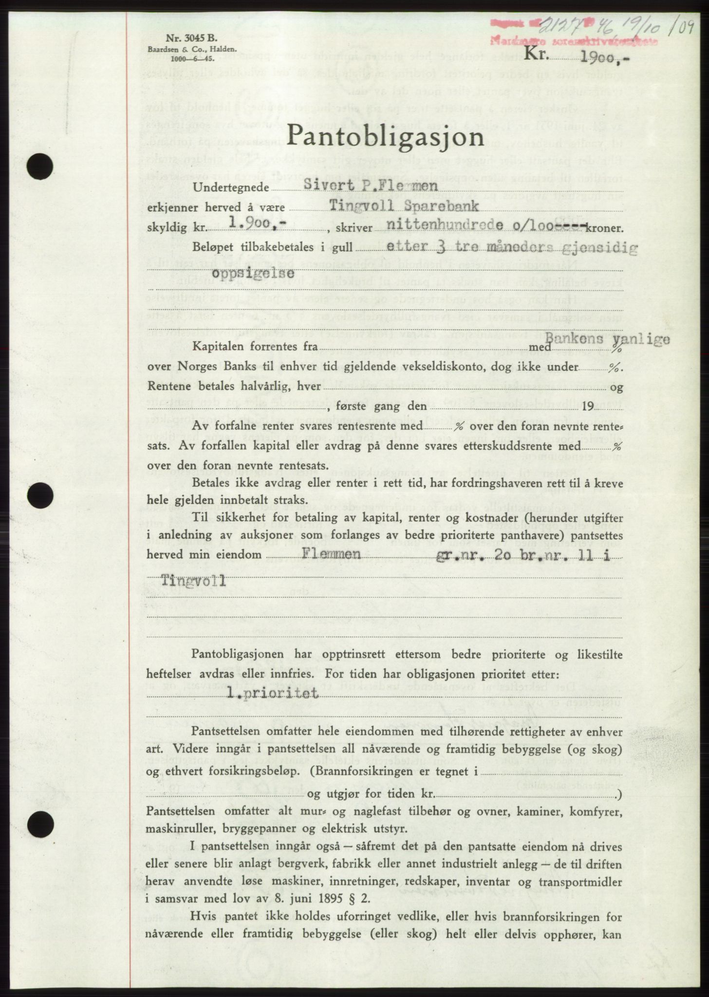 Nordmøre sorenskriveri, AV/SAT-A-4132/1/2/2Ca: Mortgage book no. B95, 1946-1947, Diary no: : 2127/1946