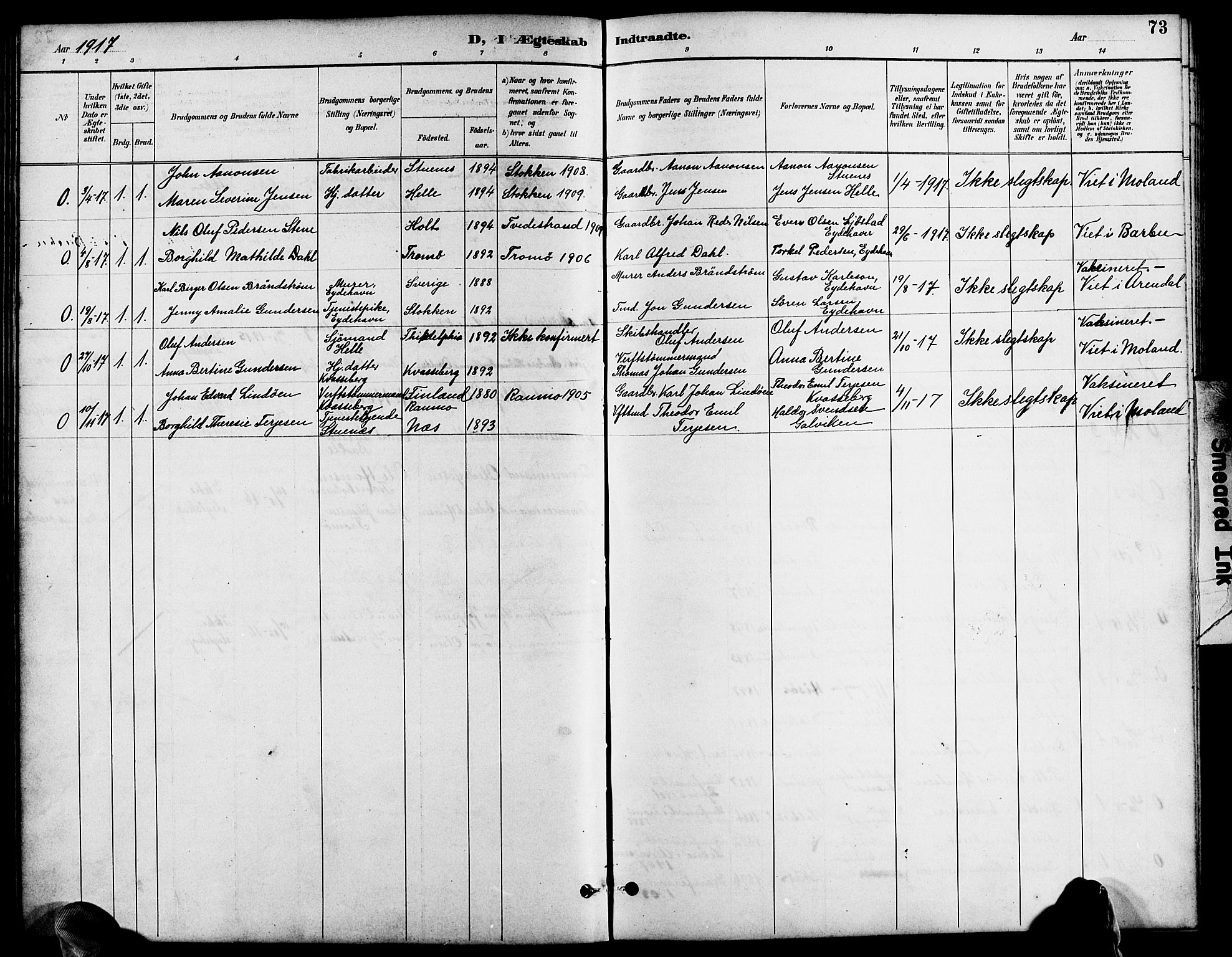Austre Moland sokneprestkontor, SAK/1111-0001/F/Fb/Fbb/L0002: Parish register (copy) no. B 2, 1894-1918, p. 73