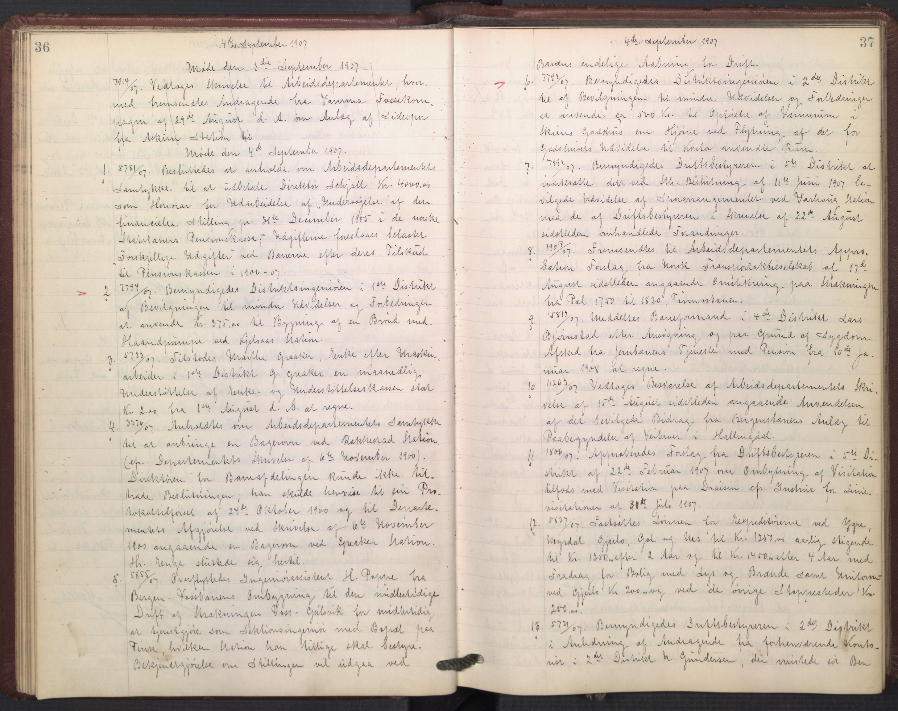 Norges statsbaner, Administrasjons- økonomi- og personalavdelingen, AV/RA-S-3412/A/Aa/L0009: Forhandlingsprotokoll, 1907-1909, p. 36-37