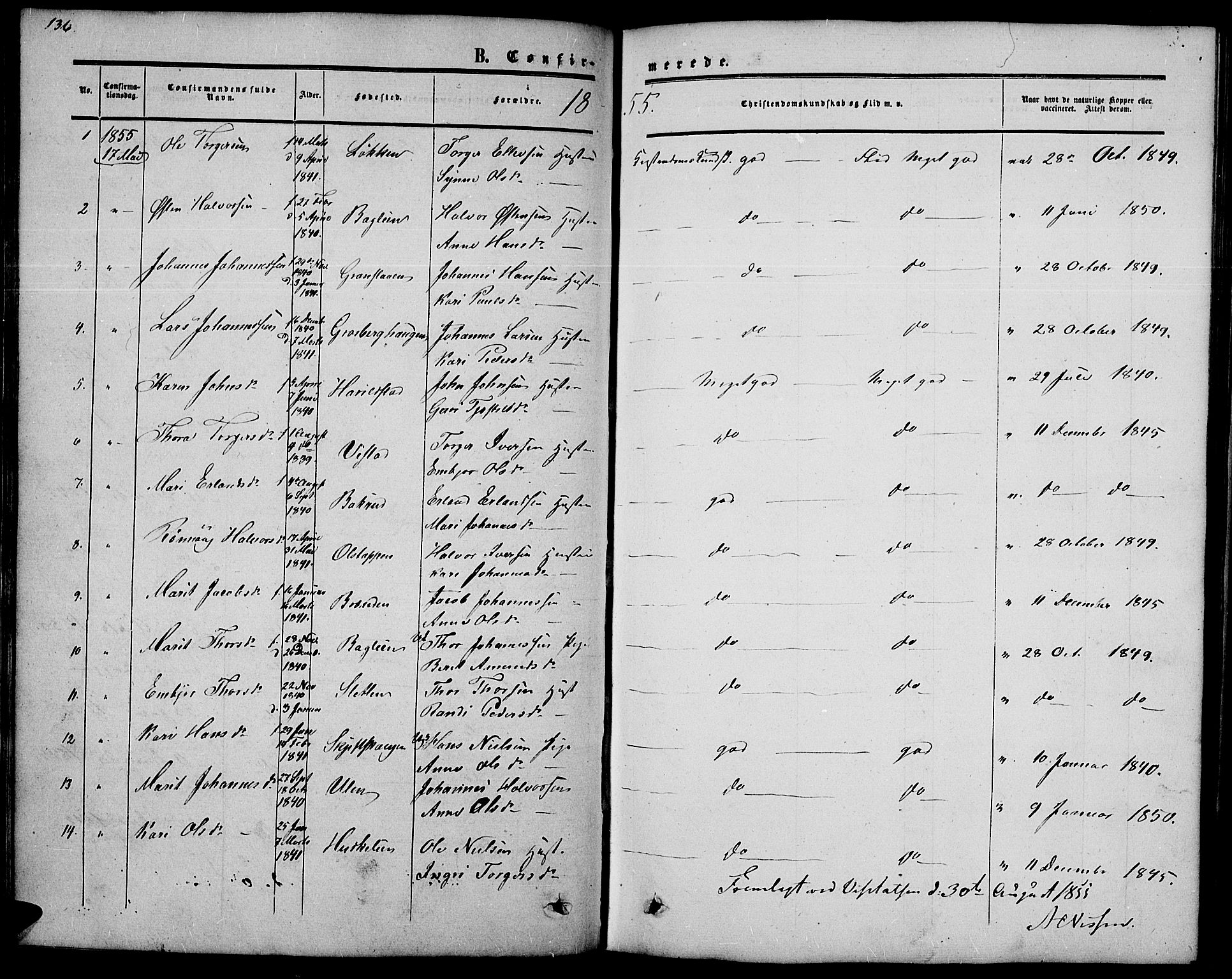 Nord-Fron prestekontor, SAH/PREST-080/H/Ha/Hab/L0002: Parish register (copy) no. 2, 1851-1883, p. 136