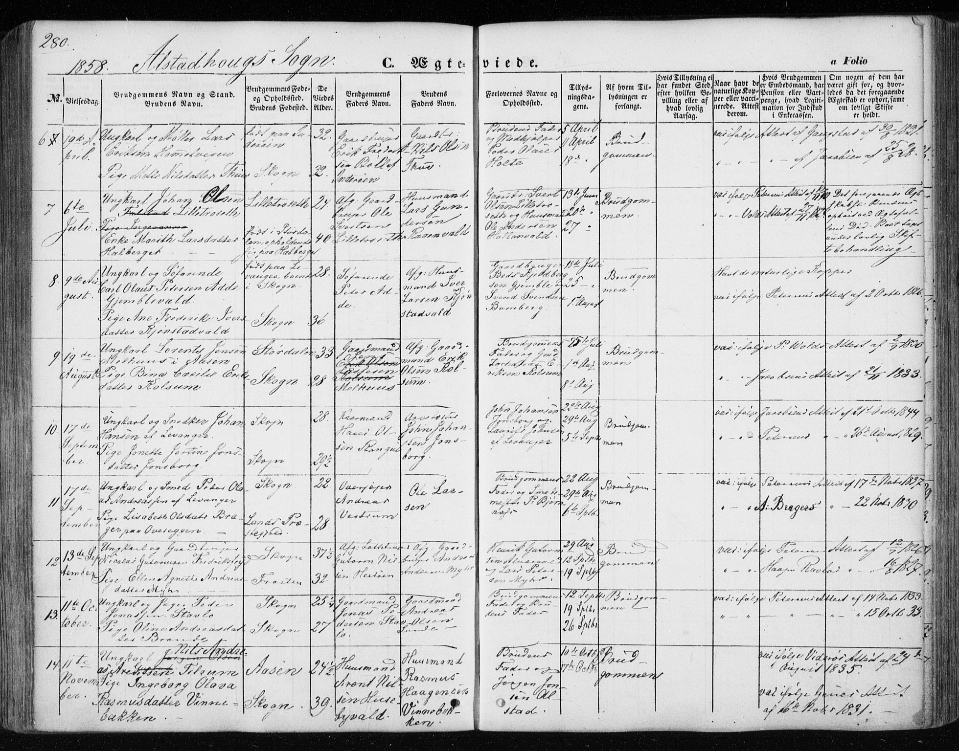 Ministerialprotokoller, klokkerbøker og fødselsregistre - Nord-Trøndelag, AV/SAT-A-1458/717/L0154: Parish register (official) no. 717A07 /1, 1850-1862, p. 280