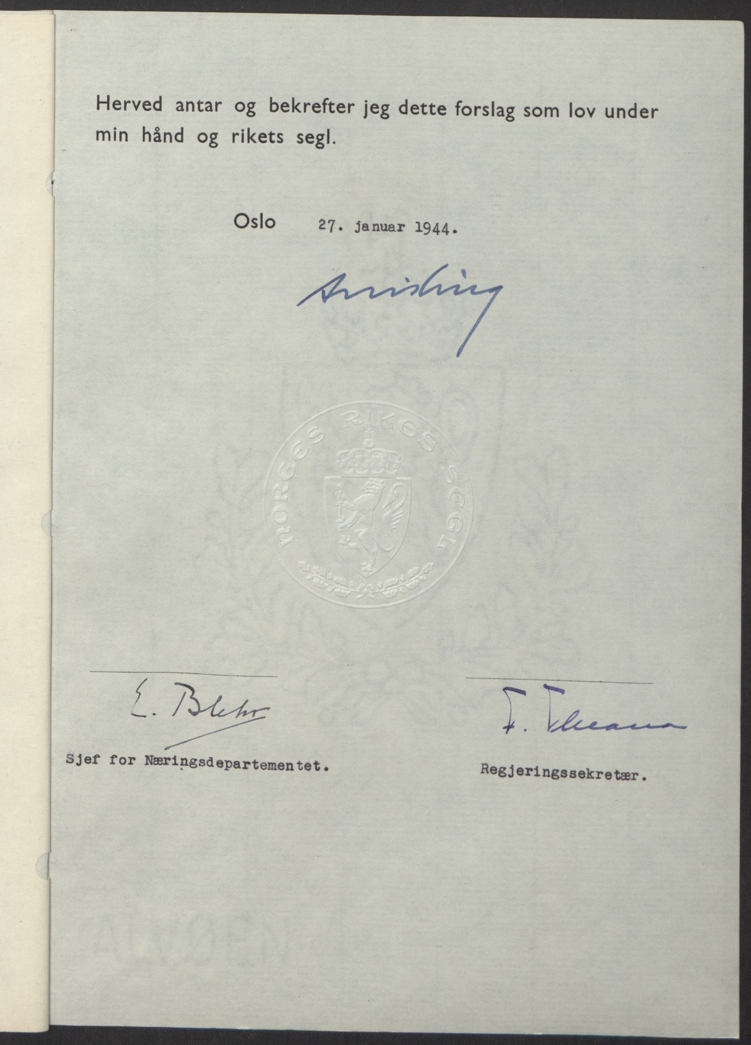 NS-administrasjonen 1940-1945 (Statsrådsekretariatet, de kommisariske statsråder mm), AV/RA-S-4279/D/Db/L0100: Lover, 1944, p. 45