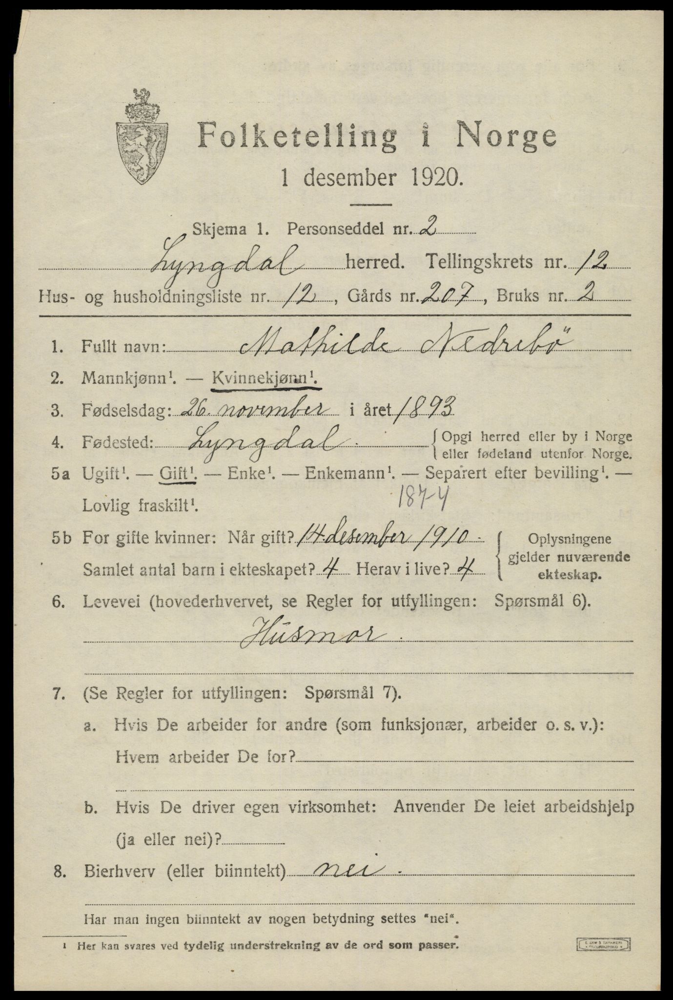 SAK, 1920 census for Lyngdal, 1920, p. 5575