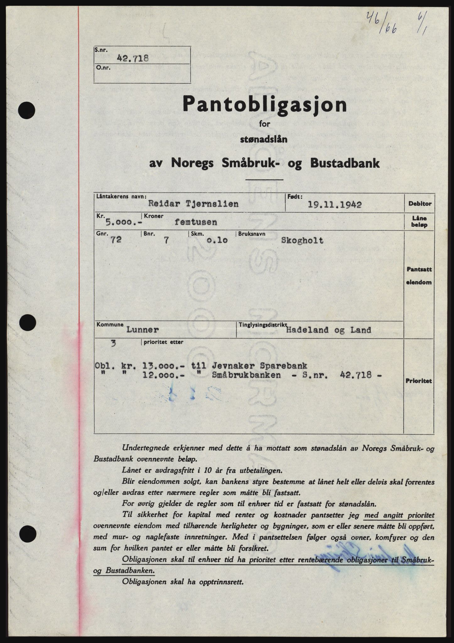 Hadeland og Land tingrett, SAH/TING-010/H/Hb/Hbc/L0061: Mortgage book no. B61, 1965-1966, Diary no: : 46/1966