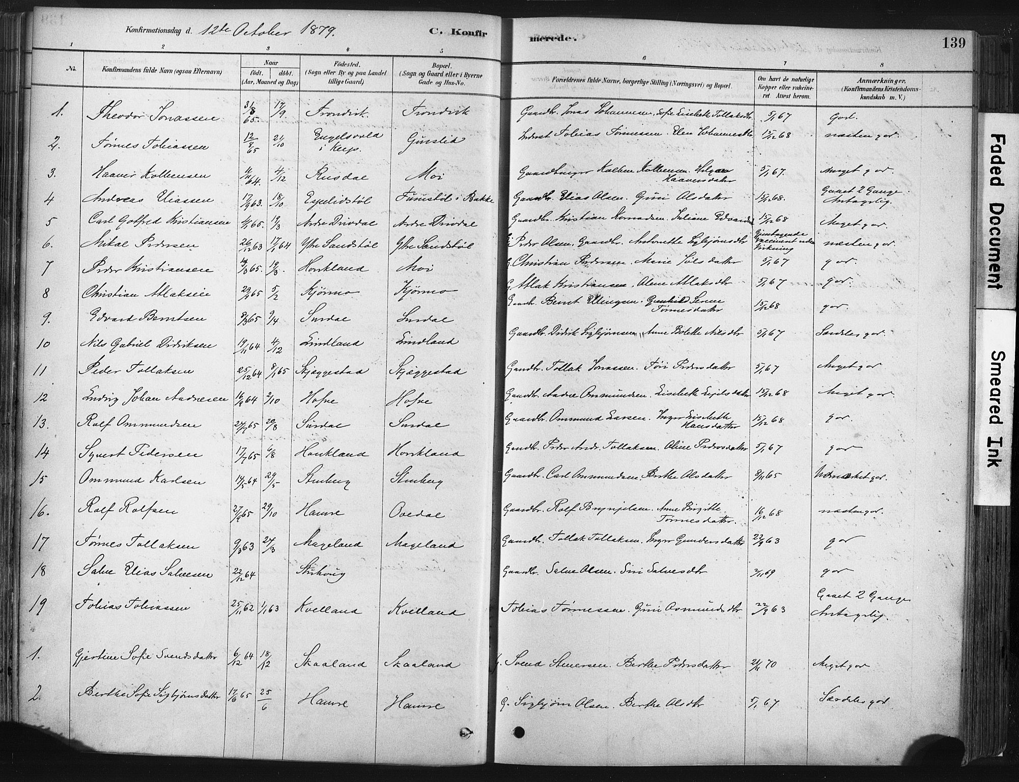 Lund sokneprestkontor, SAST/A-101809/S06/L0011: Parish register (official) no. A 10, 1877-1904, p. 139