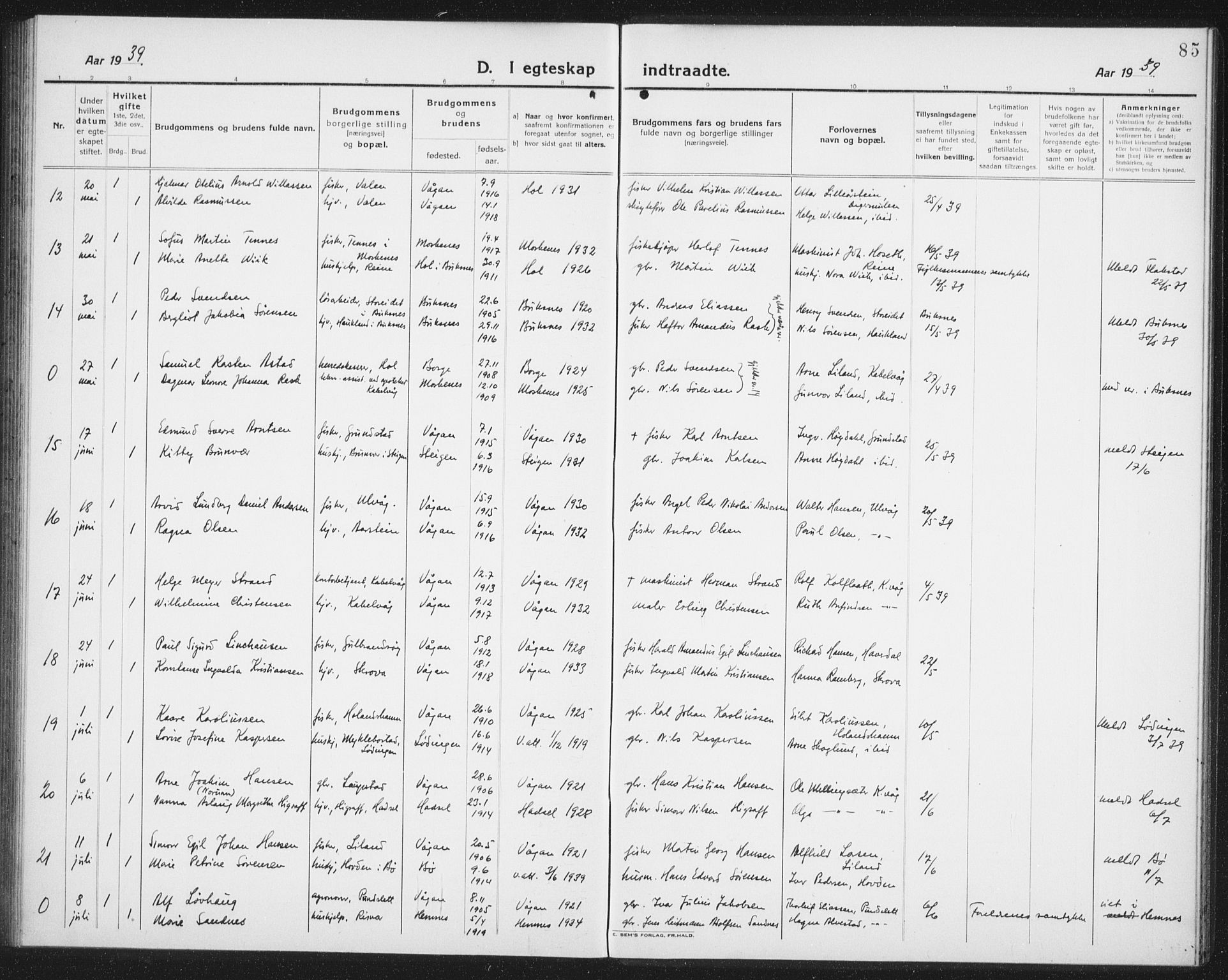 Ministerialprotokoller, klokkerbøker og fødselsregistre - Nordland, SAT/A-1459/874/L1082: Parish register (copy) no. 874C11, 1920-1939, p. 85