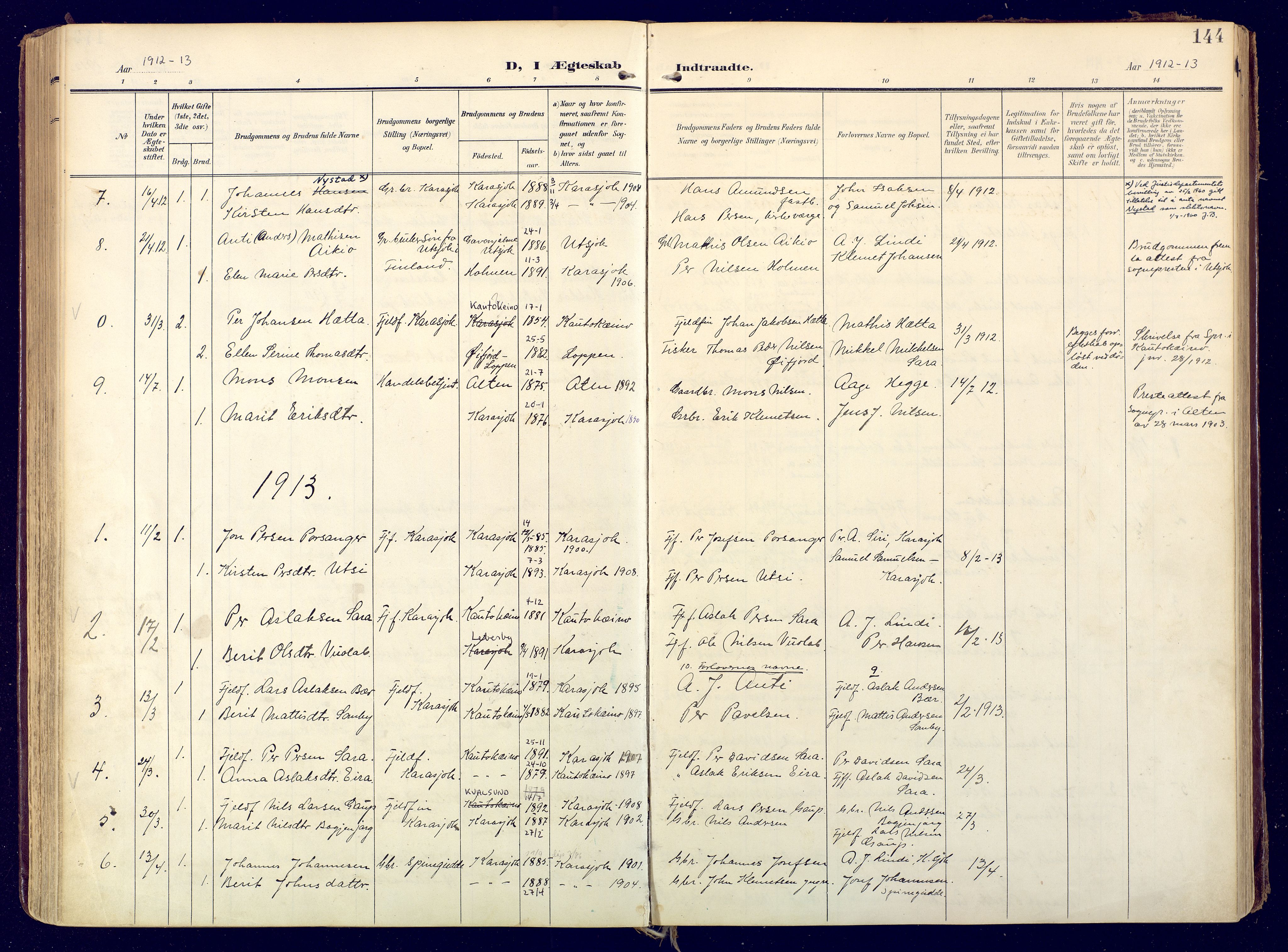 Karasjok sokneprestkontor, SATØ/S-1352/H/Ha: Parish register (official) no. 3, 1907-1926, p. 144