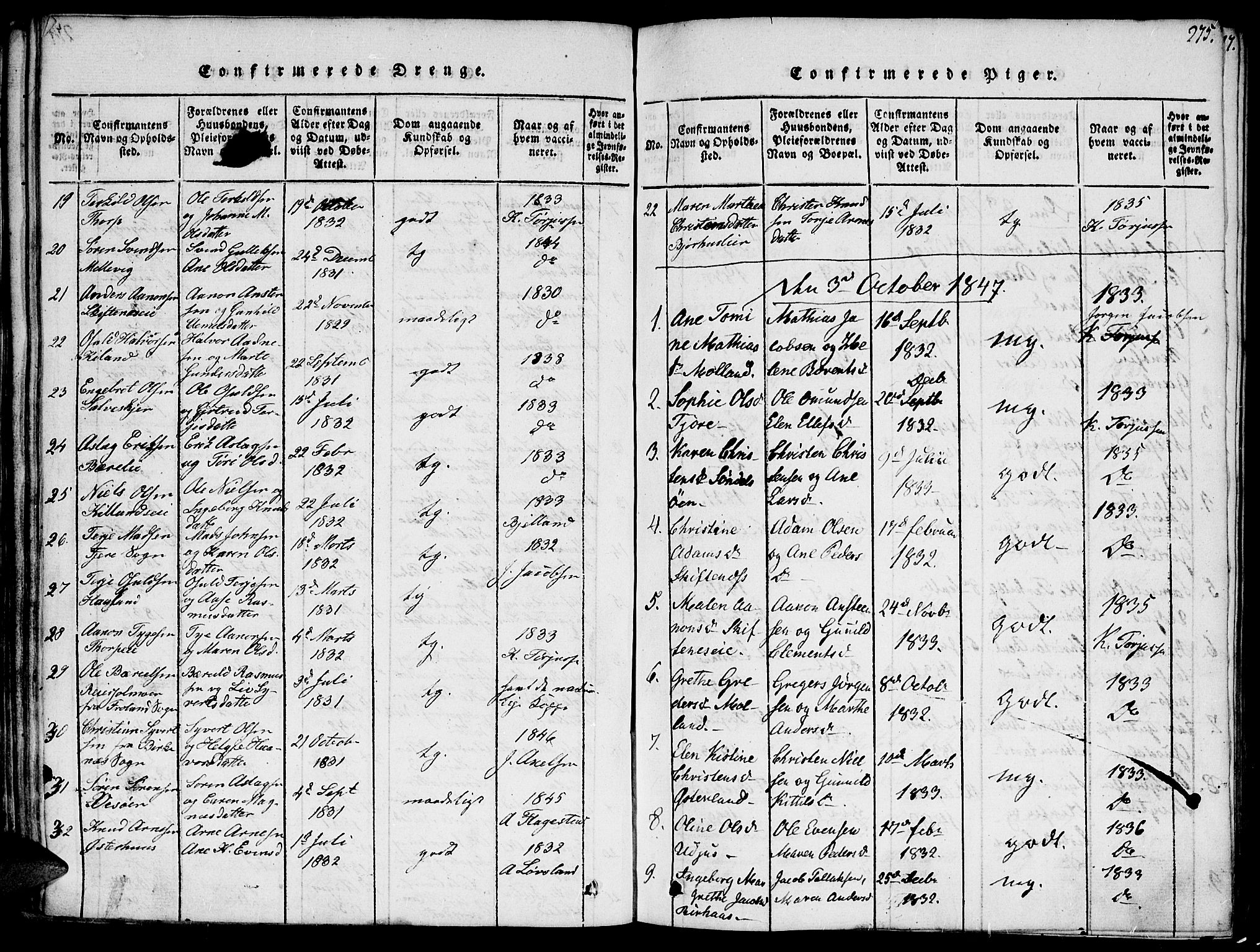 Hommedal sokneprestkontor, SAK/1111-0023/F/Fa/Fab/L0003: Parish register (official) no. A 3, 1815-1848, p. 275