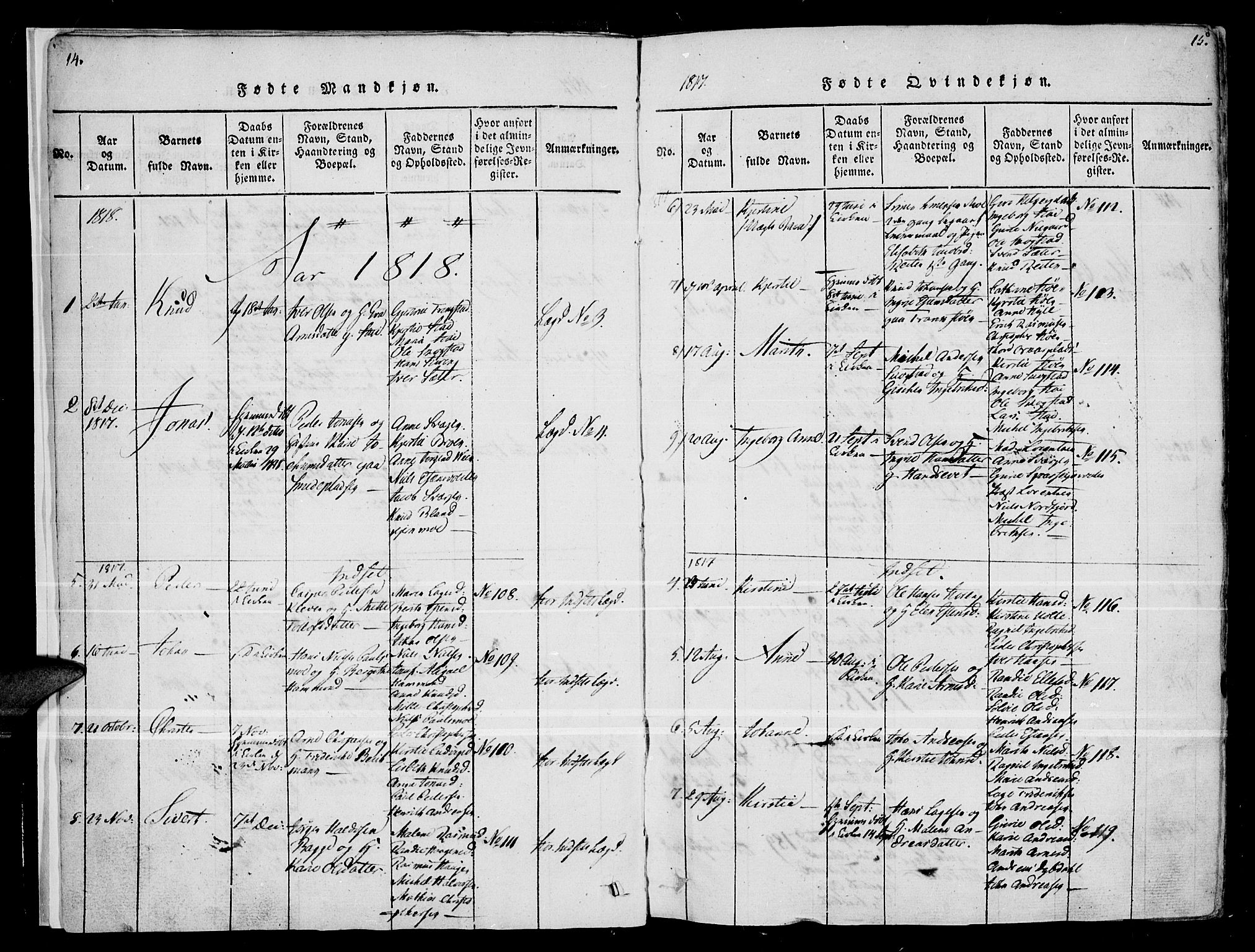 Kvikne prestekontor, SAH/PREST-064/H/Ha/Haa/L0004: Parish register (official) no. 4, 1815-1840, p. 14-15
