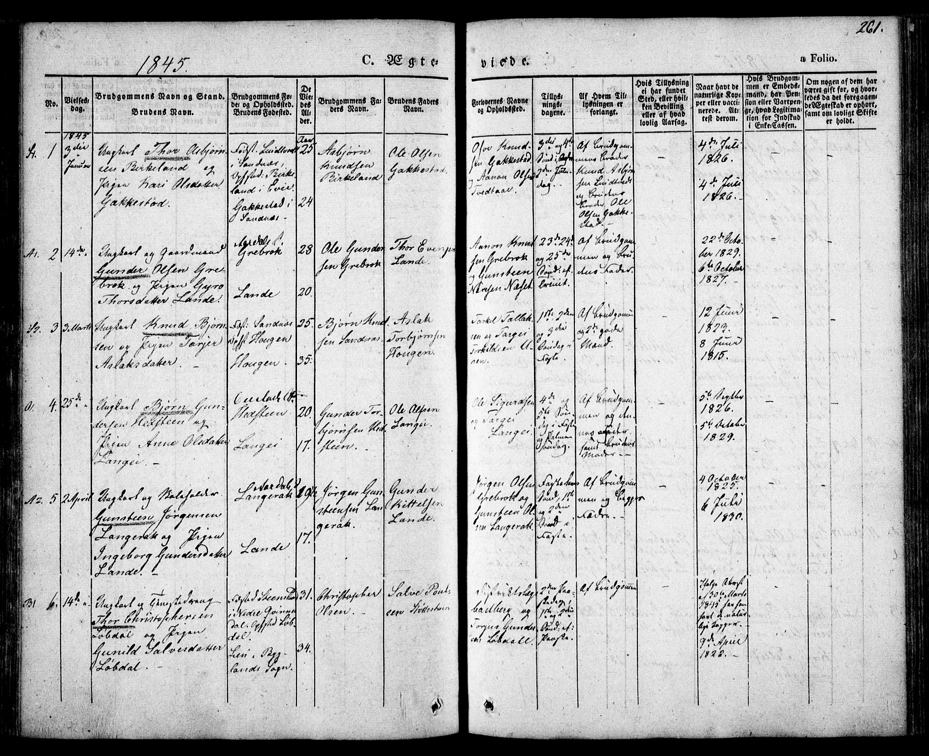Bygland sokneprestkontor, SAK/1111-0006/F/Fa/Fab/L0004: Parish register (official) no. A 4, 1842-1858, p. 261
