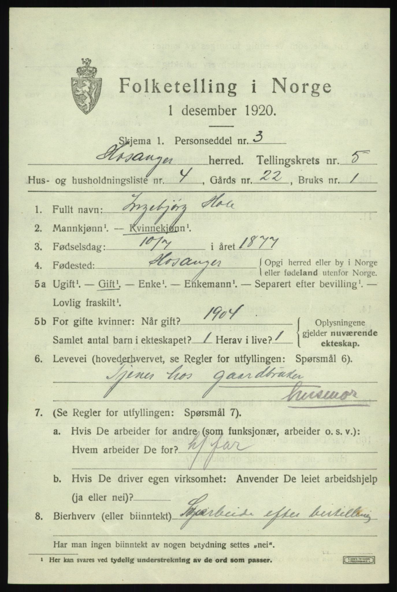 SAB, 1920 census for Hosanger, 1920, p. 2369