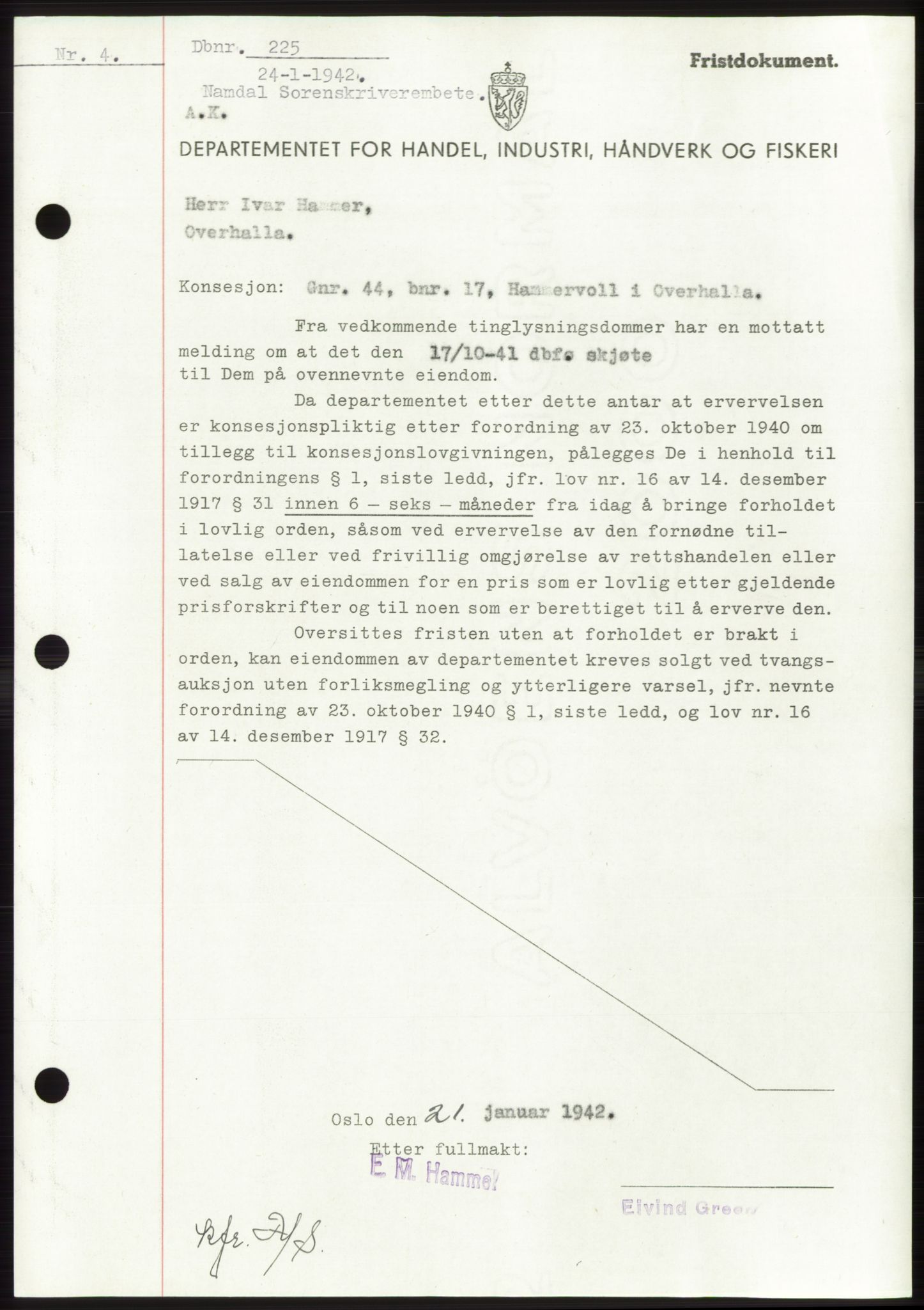 Namdal sorenskriveri, SAT/A-4133/1/2/2C: Mortgage book no. -, 1941-1942, Diary no: : 225/1942