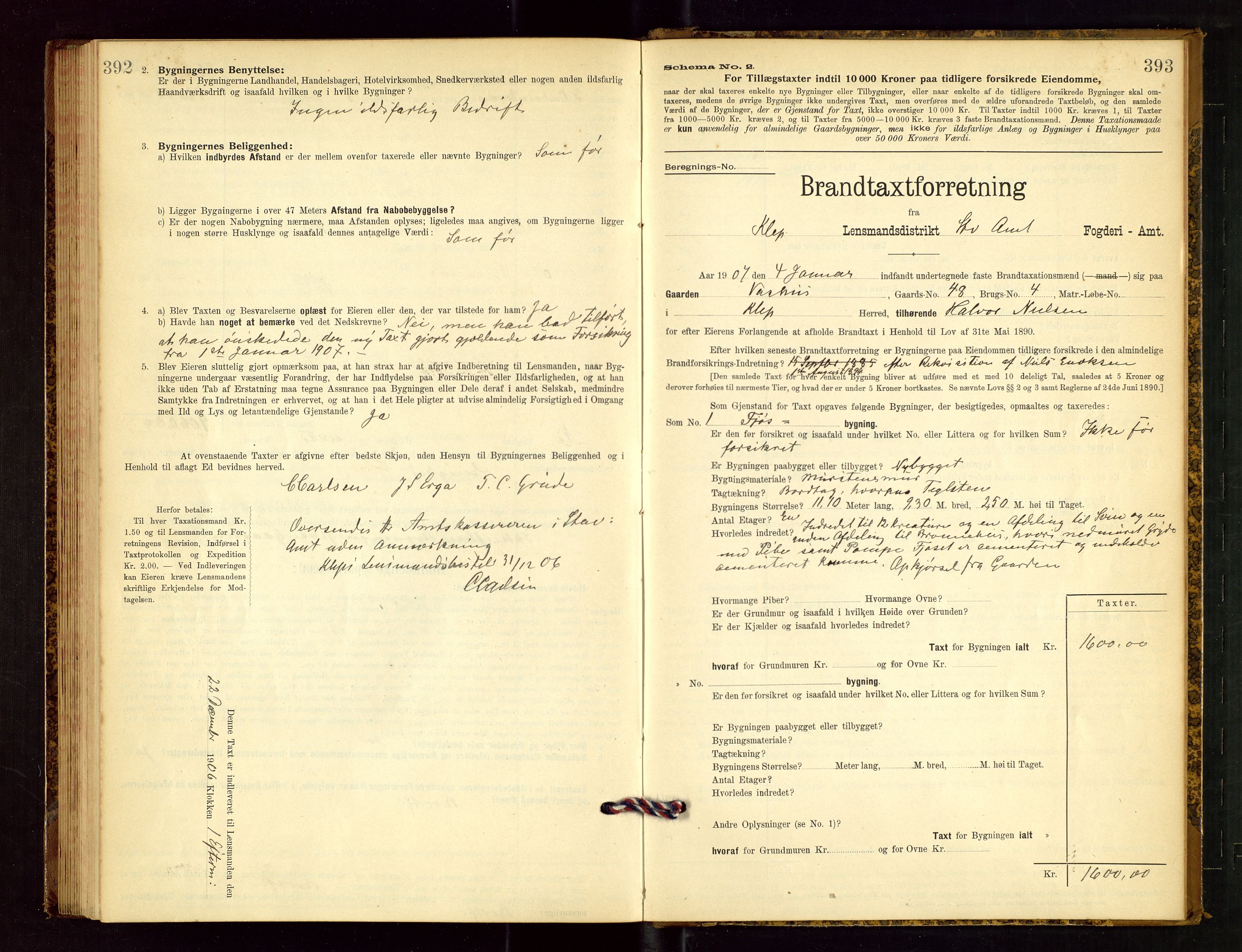 Klepp lensmannskontor, SAST/A-100163/Goc/L0003: "Brandtaxationsprotokol" m/register, 1902-1907, p. 392-393