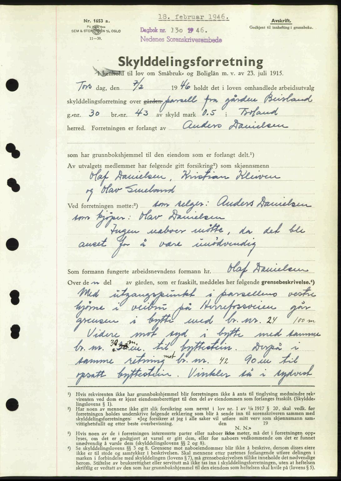 Nedenes sorenskriveri, SAK/1221-0006/G/Gb/Gba/L0054: Mortgage book no. A6c, 1946-1946, Diary no: : 130/1946