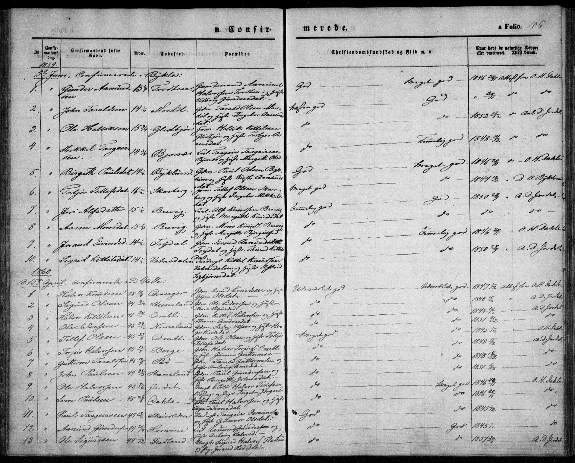 Valle sokneprestkontor, SAK/1111-0044/F/Fa/Fac/L0007: Parish register (official) no. A 7, 1854-1868, p. 106