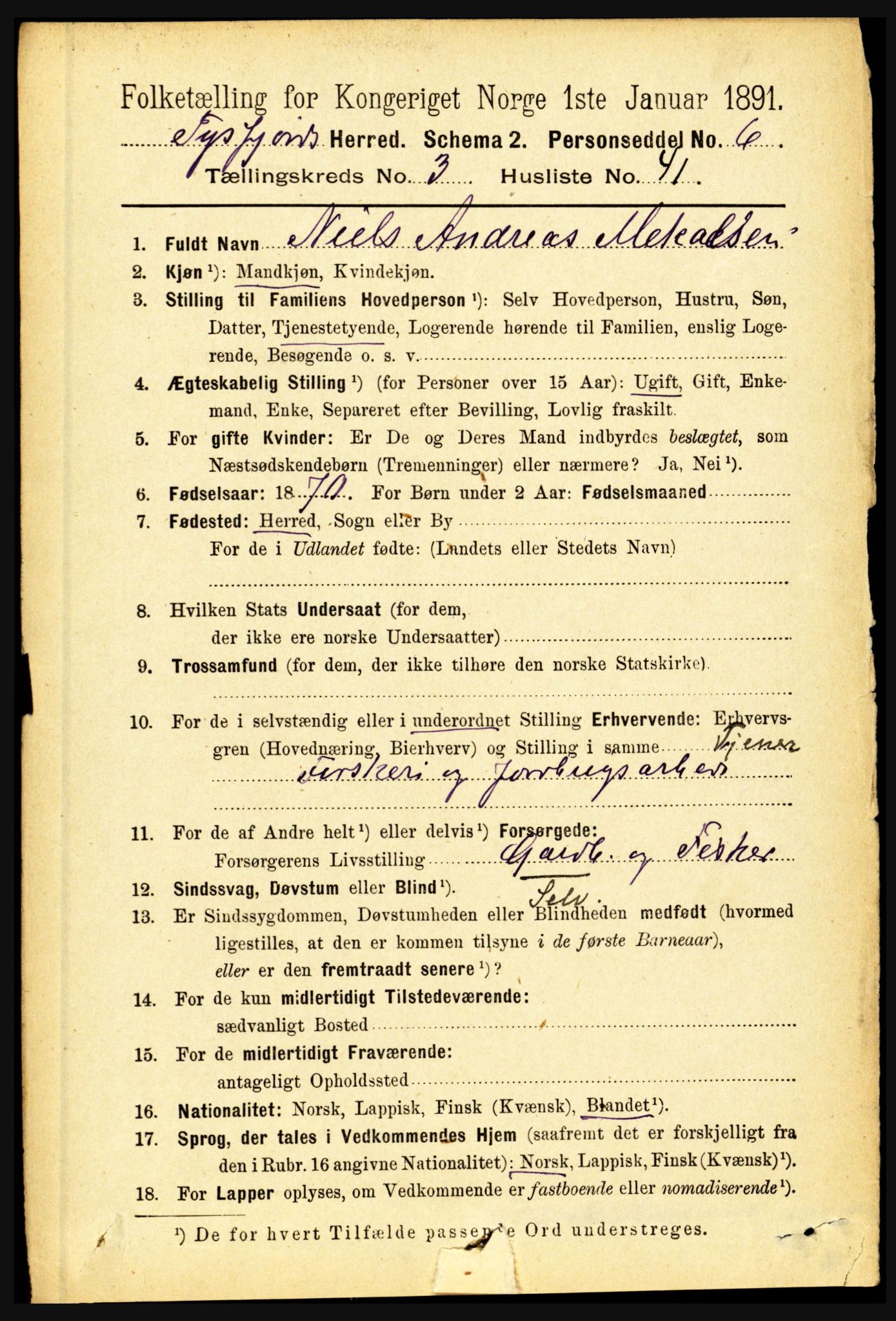 RA, 1891 census for 1850 Tysfjord, 1891, p. 1342