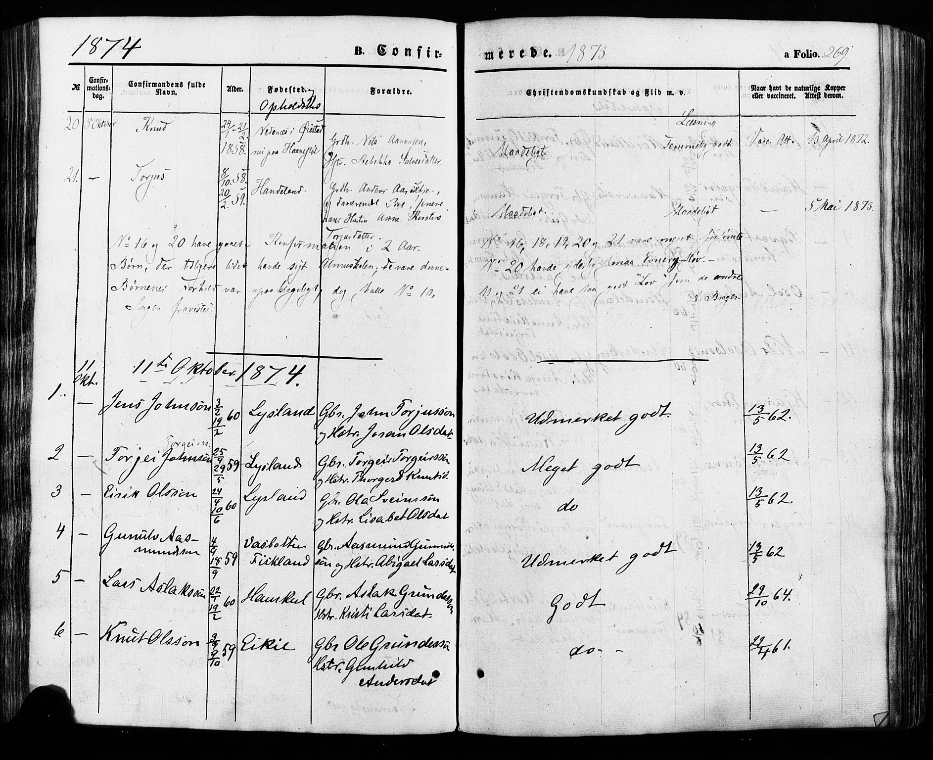 Åseral sokneprestkontor, SAK/1111-0051/F/Fa/L0002: Parish register (official) no. A 2, 1854-1884, p. 269