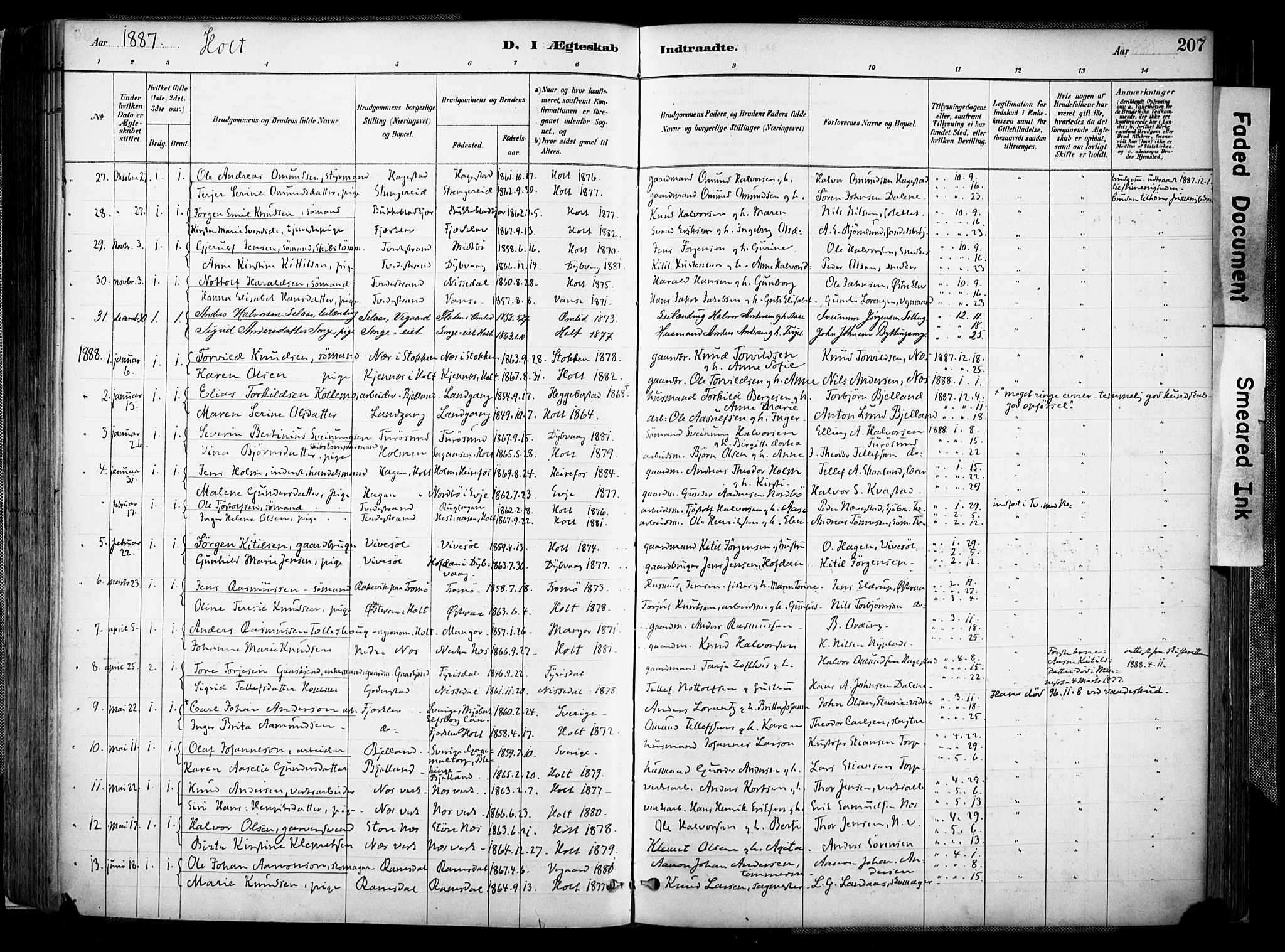 Holt sokneprestkontor, AV/SAK-1111-0021/F/Fa/L0012: Parish register (official) no. A 12, 1885-1907, p. 207