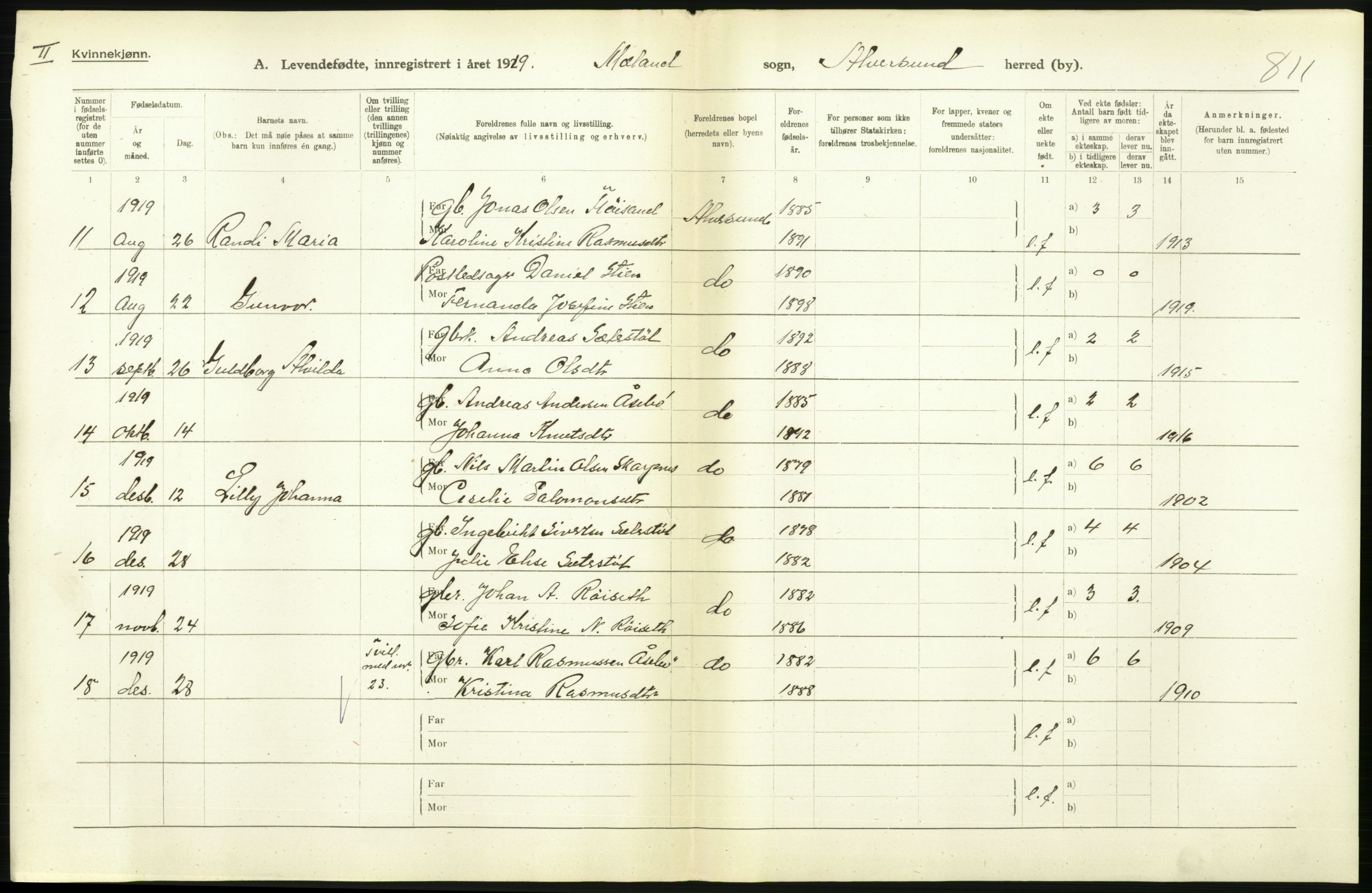 Statistisk sentralbyrå, Sosiodemografiske emner, Befolkning, RA/S-2228/D/Df/Dfb/Dfbi/L0031: Hordaland fylke: Levendefødte menn og kvinner. Bygder., 1919, p. 450