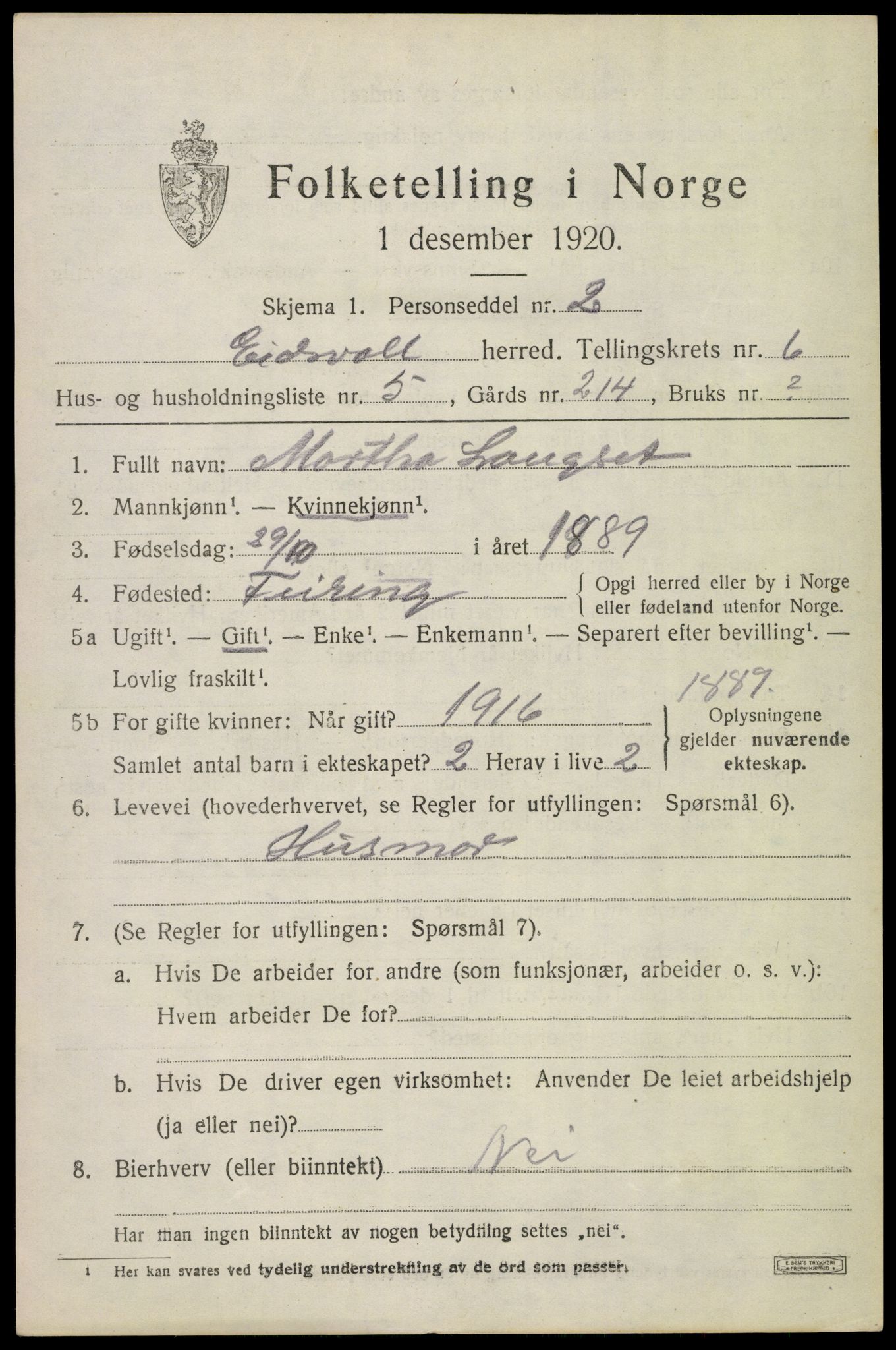 SAO, 1920 census for Eidsvoll, 1920, p. 10783