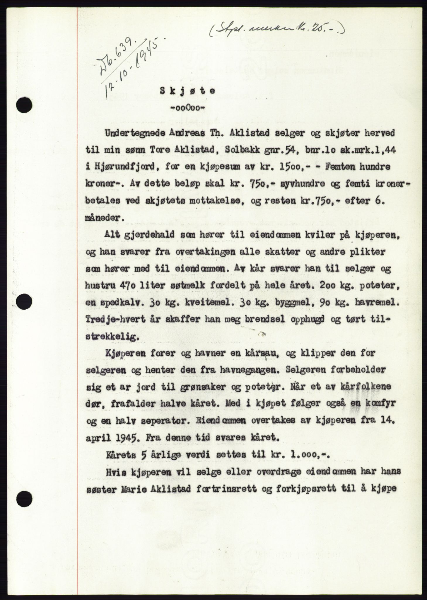 Søre Sunnmøre sorenskriveri, AV/SAT-A-4122/1/2/2C/L0077: Mortgage book no. 3A, 1945-1946, Diary no: : 639/1945