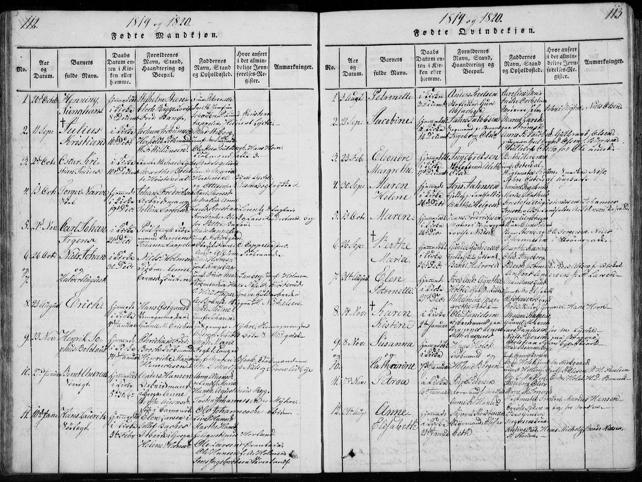 Bragernes kirkebøker, SAKO/A-6/F/Fa/L0007: Parish register (official) no. I 7, 1815-1829, p. 112-113