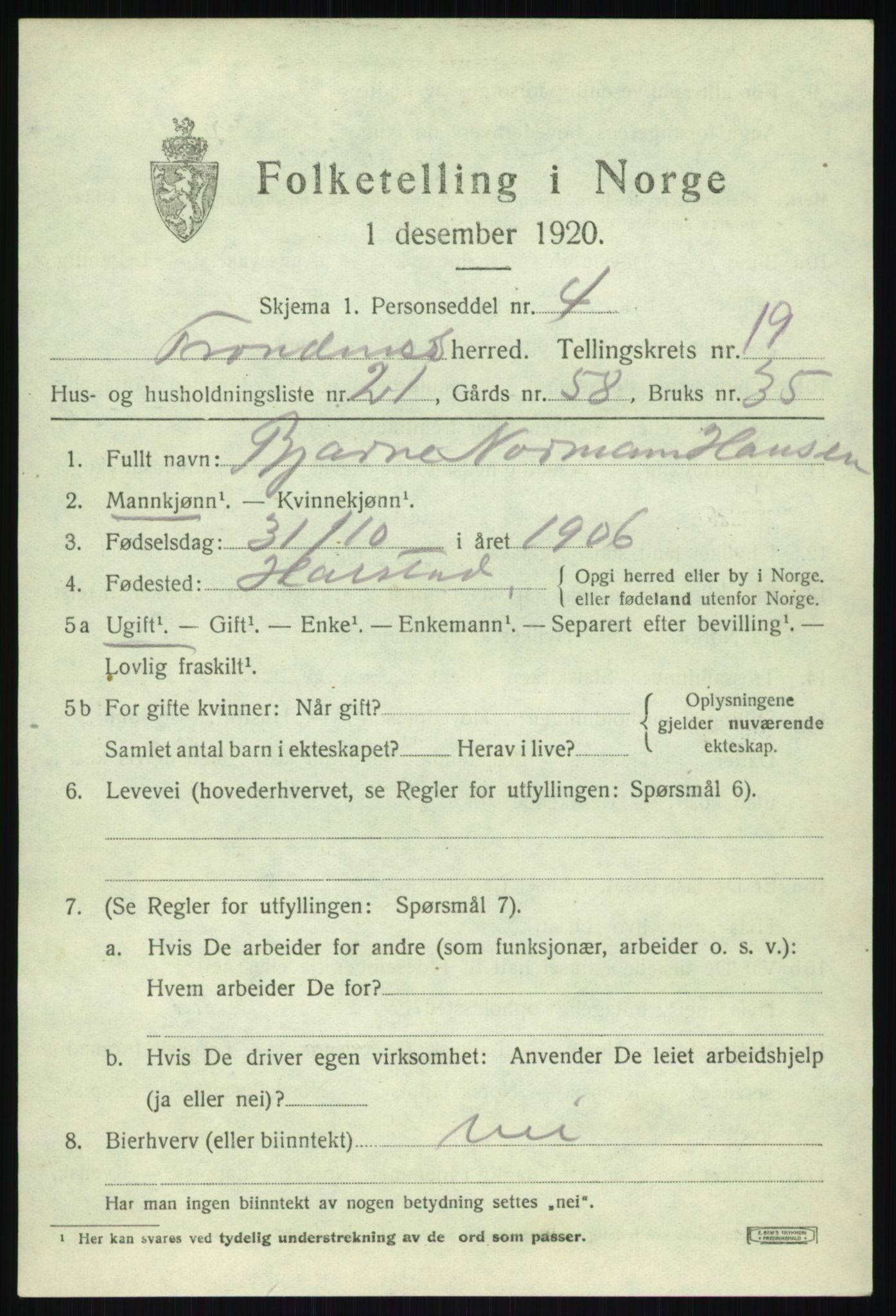 SATØ, 1920 census for Trondenes, 1920, p. 13658