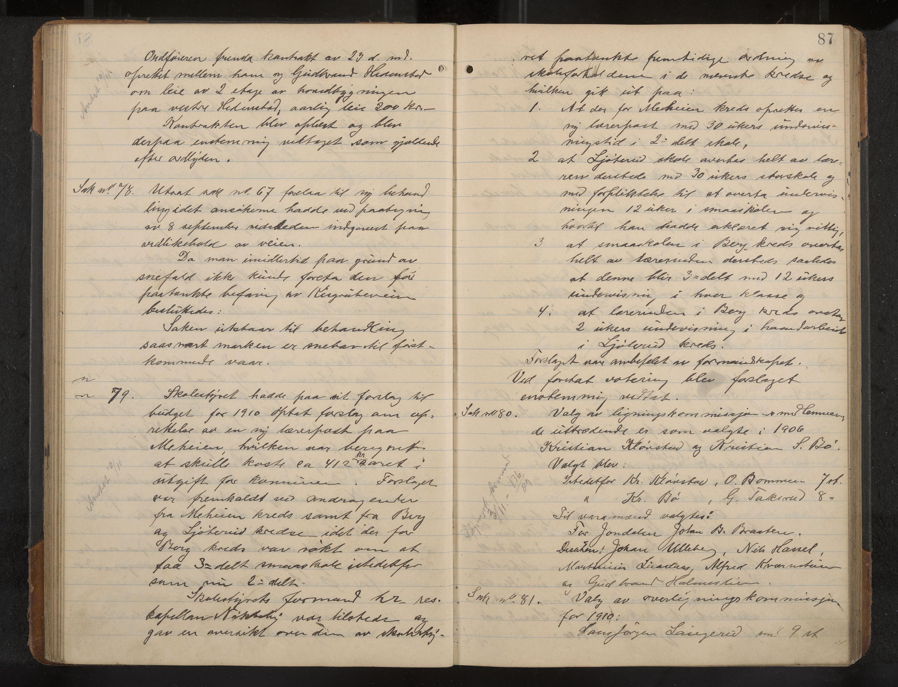 Øvre Sandsvær formannskap og sentraladministrasjon, IKAK/0630021/A/L0001: Møtebok med register, 1908-1913, p. 87