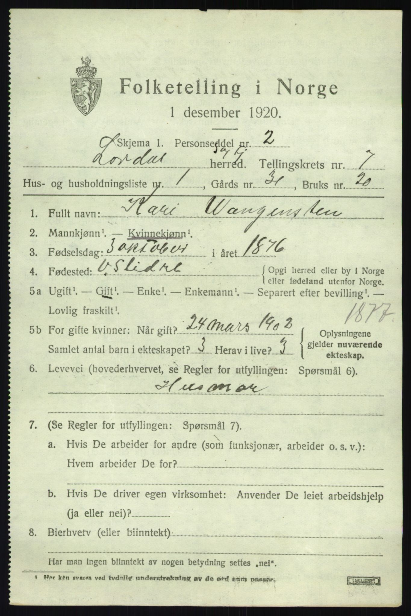 SAB, 1920 census for Lærdal, 1920, p. 3172