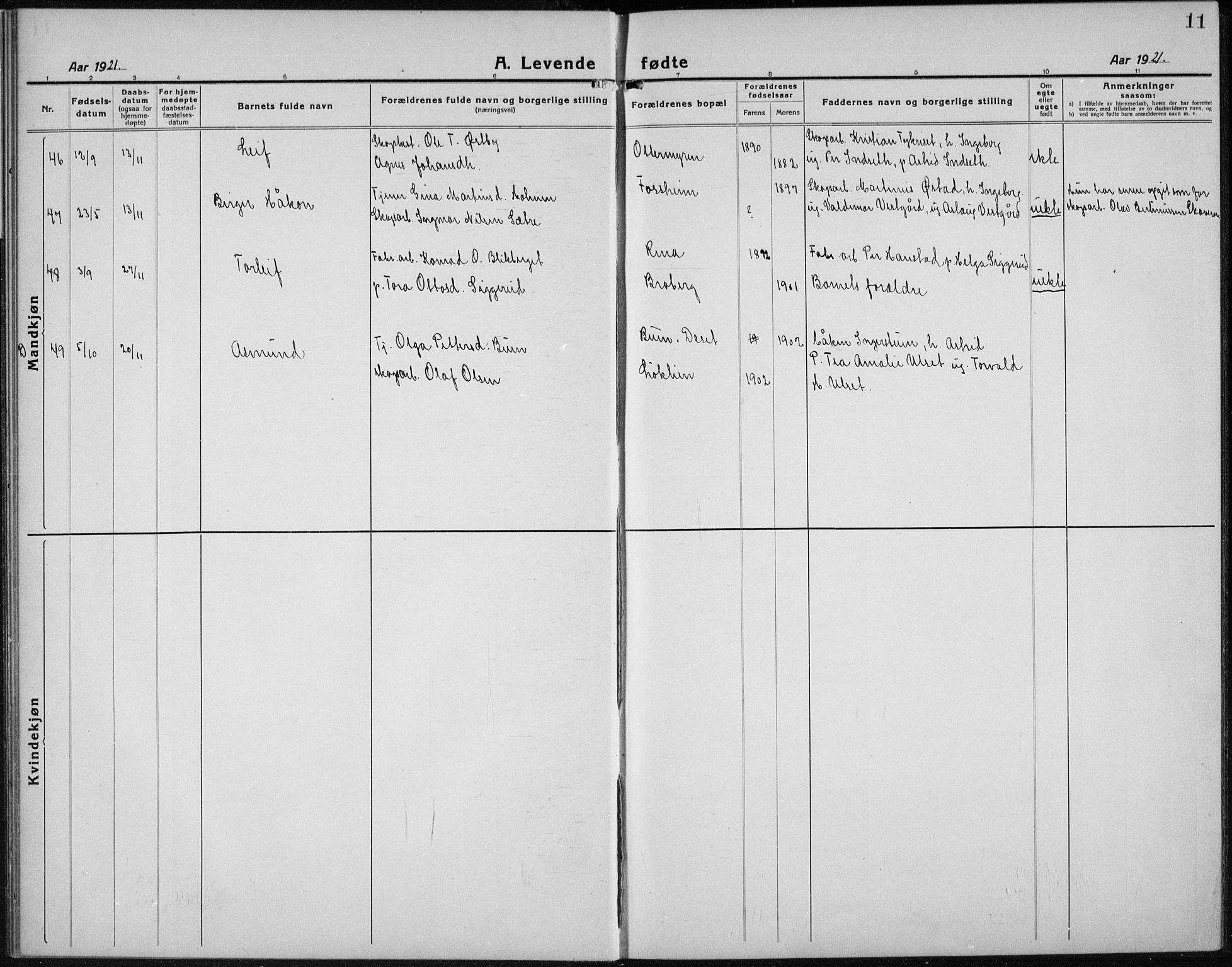 Åmot prestekontor, Hedmark, AV/SAH-PREST-056/H/Ha/Hab/L0005: Parish register (copy) no. 5, 1921-1934, p. 11