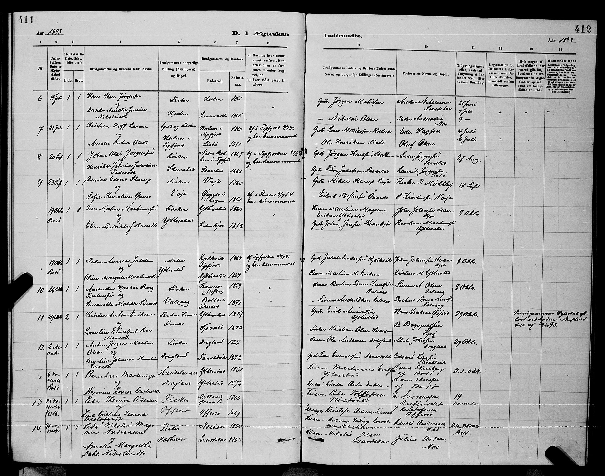 Ministerialprotokoller, klokkerbøker og fødselsregistre - Nordland, AV/SAT-A-1459/872/L1047: Parish register (copy) no. 872C03, 1880-1897, p. 411-412