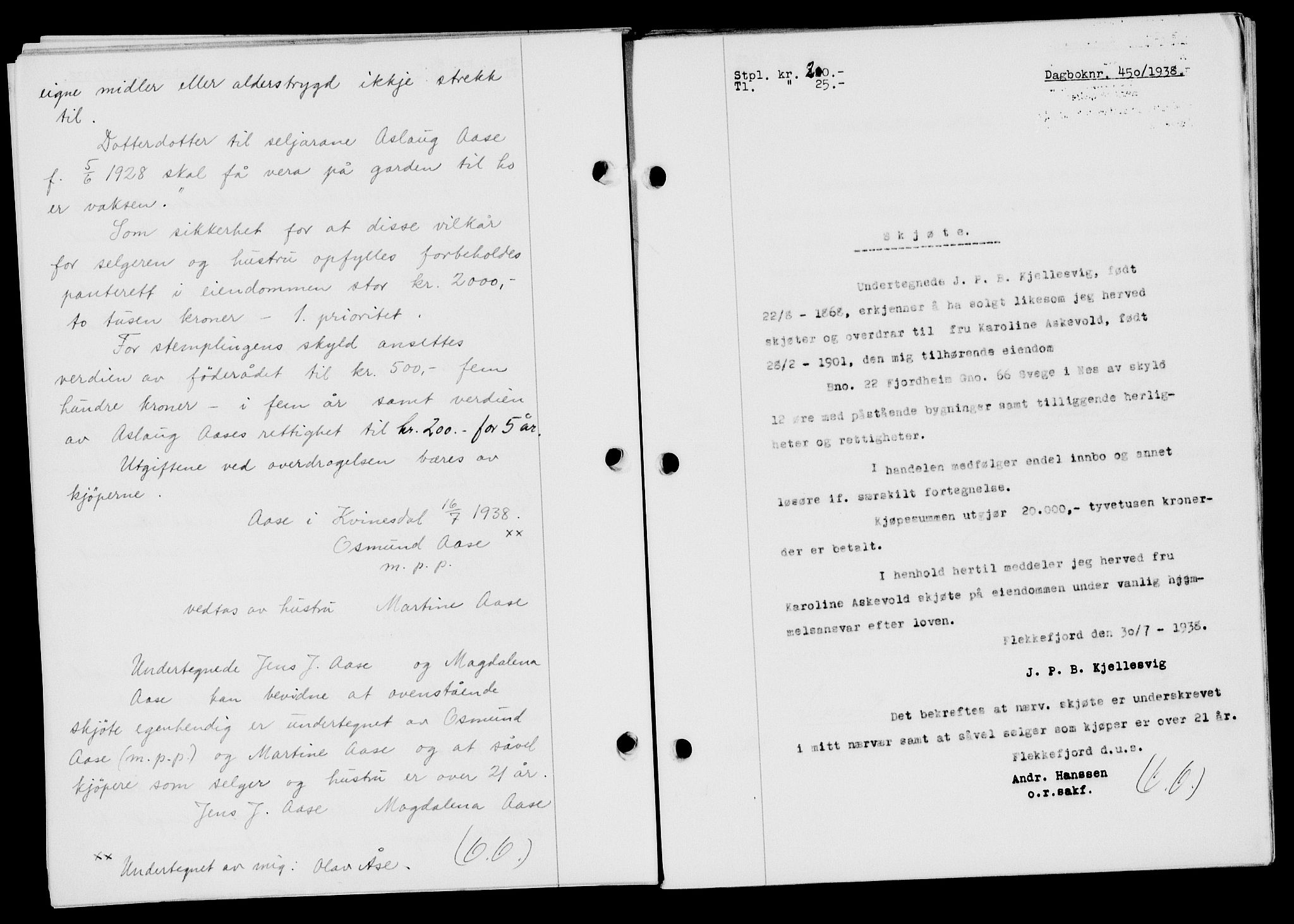 Flekkefjord sorenskriveri, SAK/1221-0001/G/Gb/Gba/L0054: Mortgage book no. A-2, 1937-1938, Diary no: : 450/1938