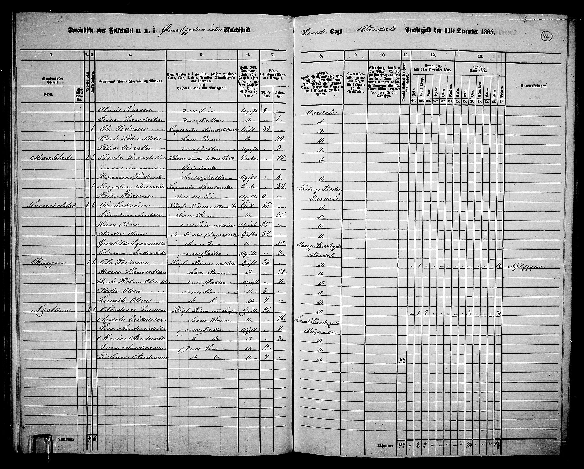 RA, 1865 census for Vardal/Vardal og Hunn, 1865, p. 42