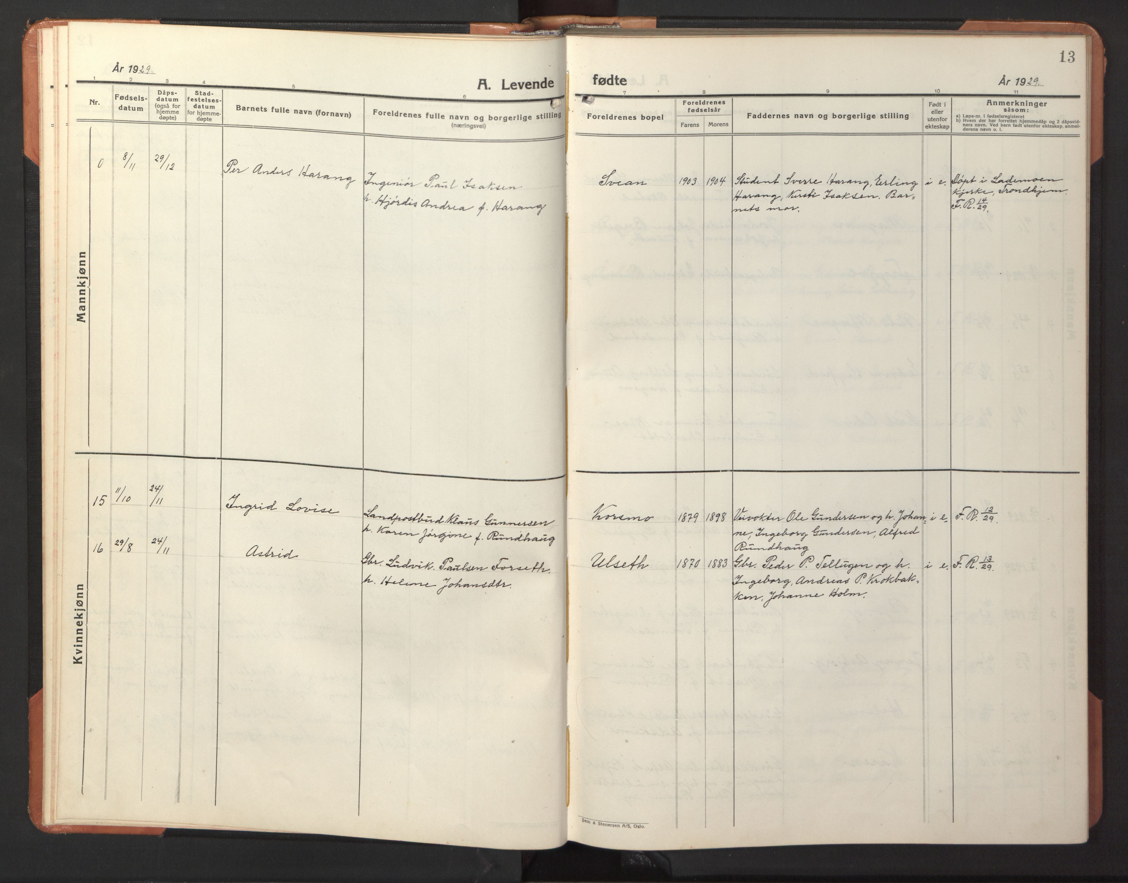 Ministerialprotokoller, klokkerbøker og fødselsregistre - Sør-Trøndelag, SAT/A-1456/618/L0454: Parish register (copy) no. 618C05, 1926-1946, p. 13