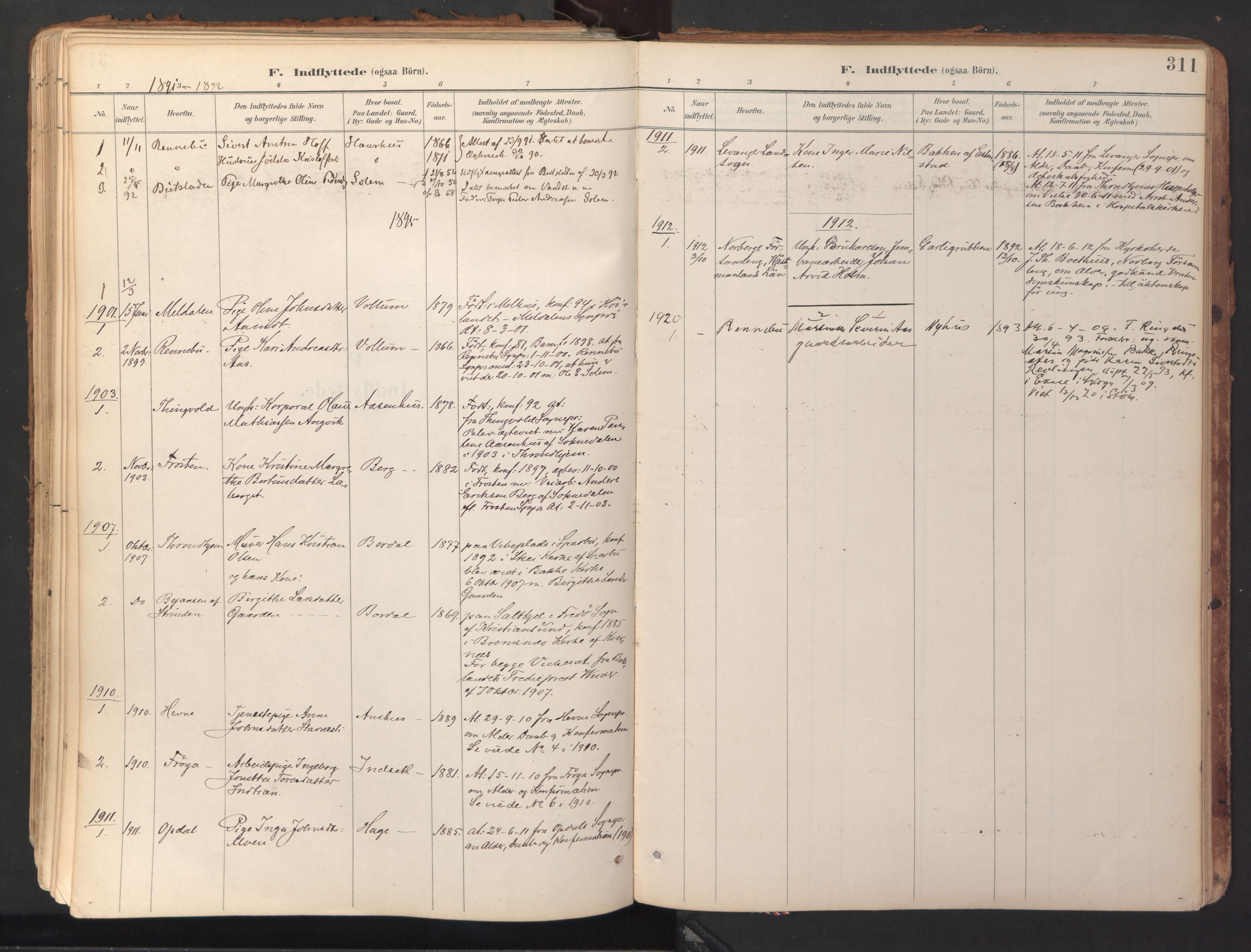 Ministerialprotokoller, klokkerbøker og fødselsregistre - Sør-Trøndelag, SAT/A-1456/689/L1041: Parish register (official) no. 689A06, 1891-1923, p. 311