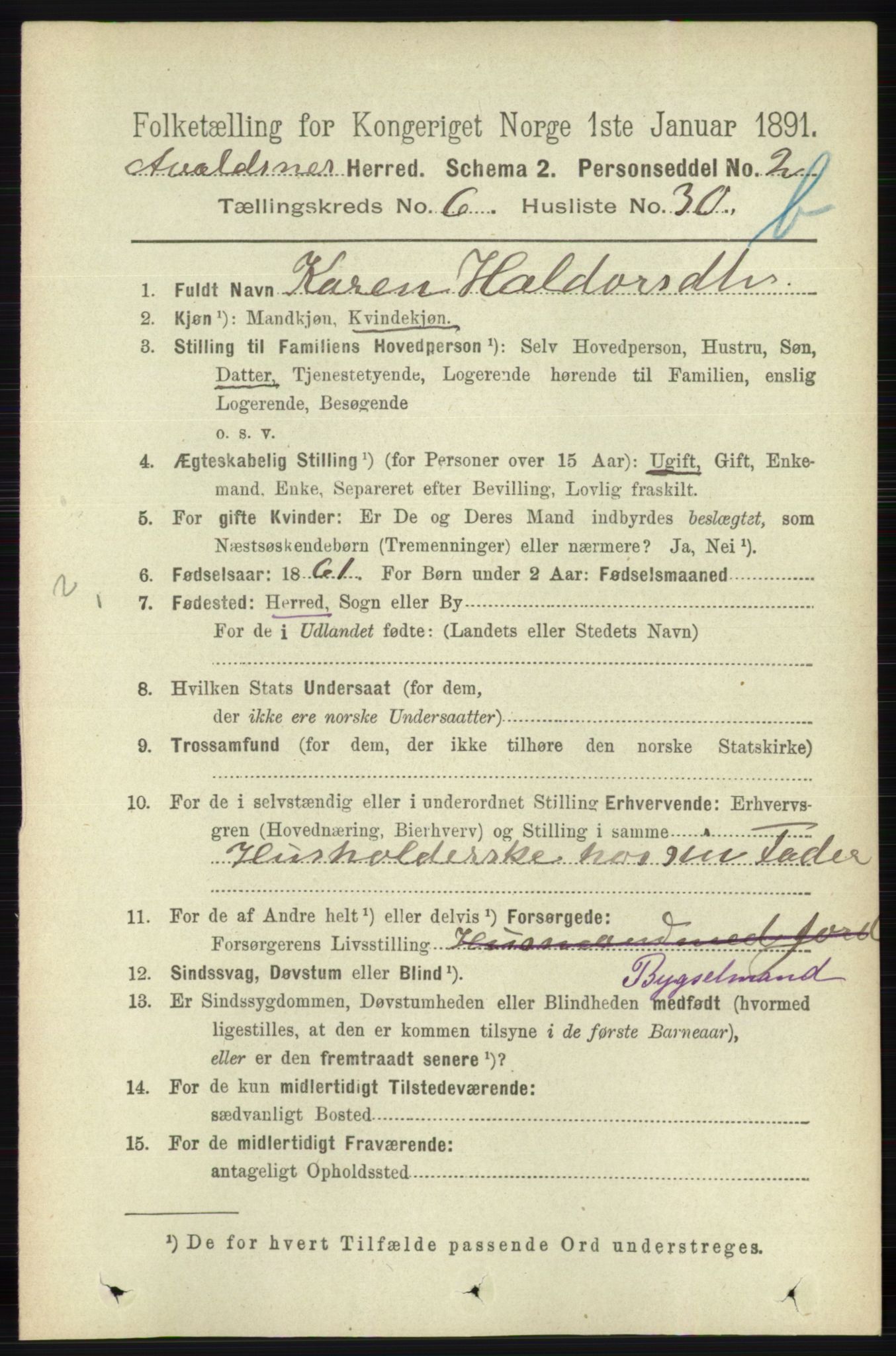 RA, 1891 census for 1147 Avaldsnes, 1891, p. 3409