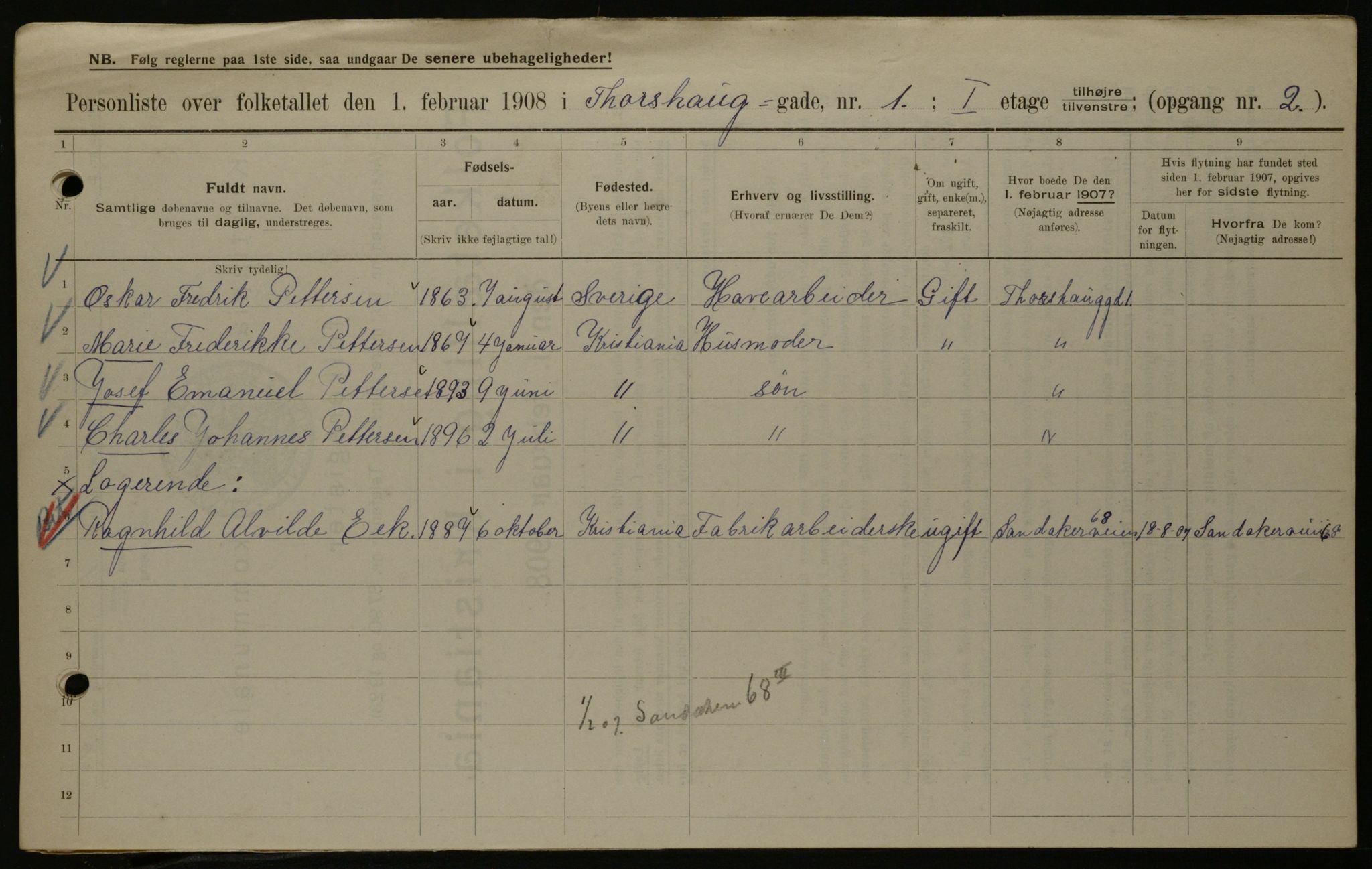 OBA, Municipal Census 1908 for Kristiania, 1908, p. 102957