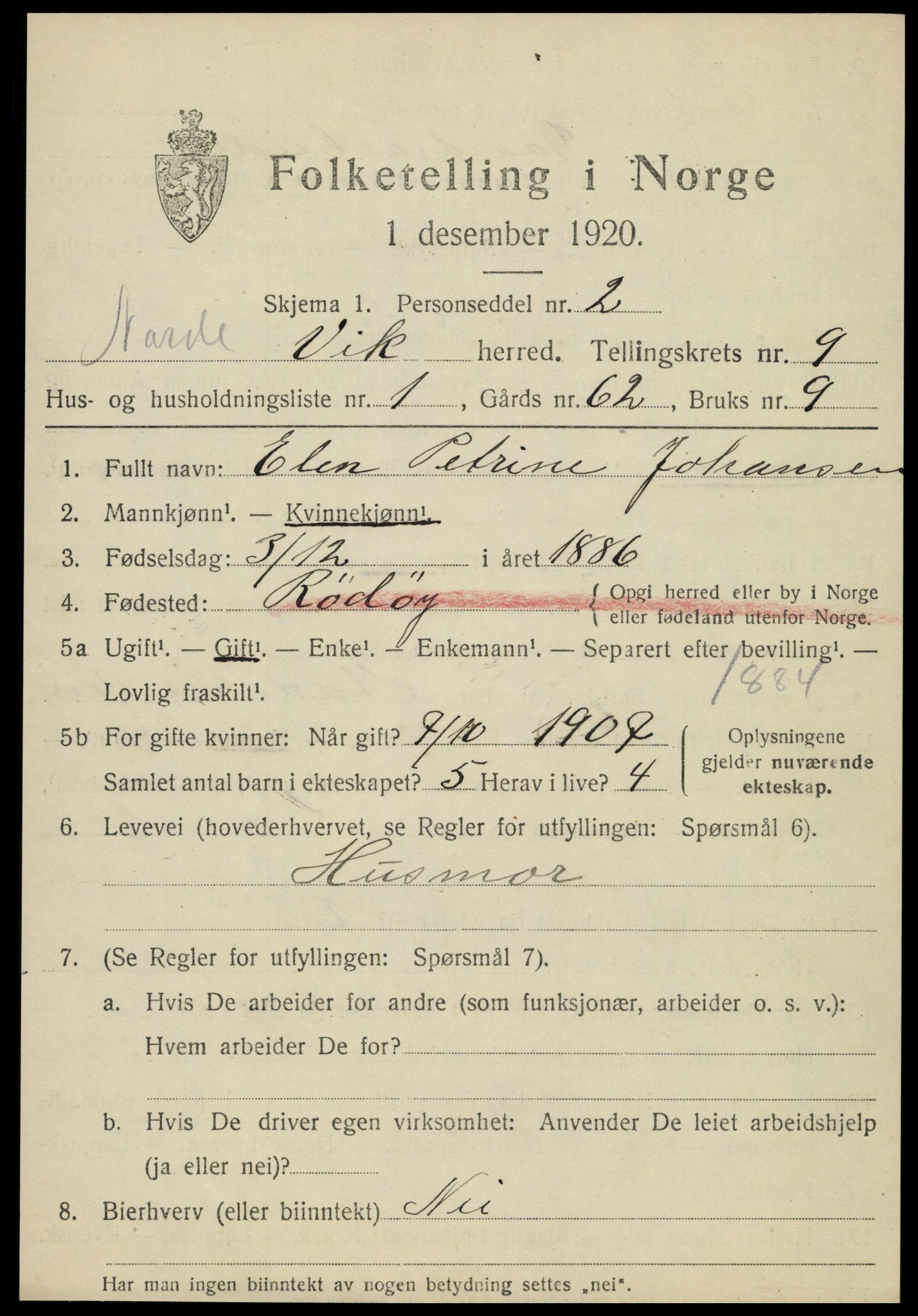 SAT, 1920 census for Vik, 1920, p. 5749