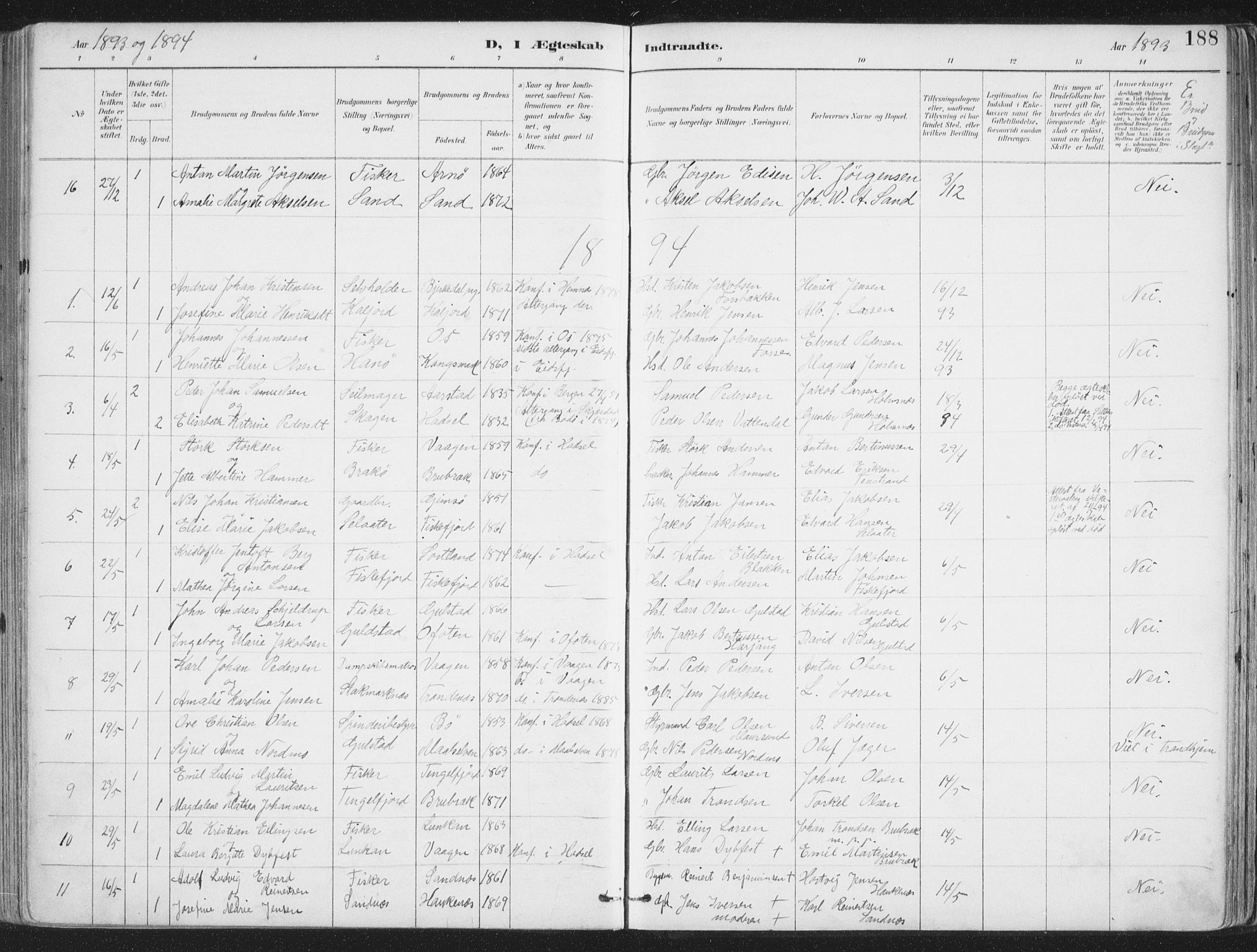 Ministerialprotokoller, klokkerbøker og fødselsregistre - Nordland, AV/SAT-A-1459/888/L1246: Parish register (official) no. 888A12, 1891-1903, p. 188