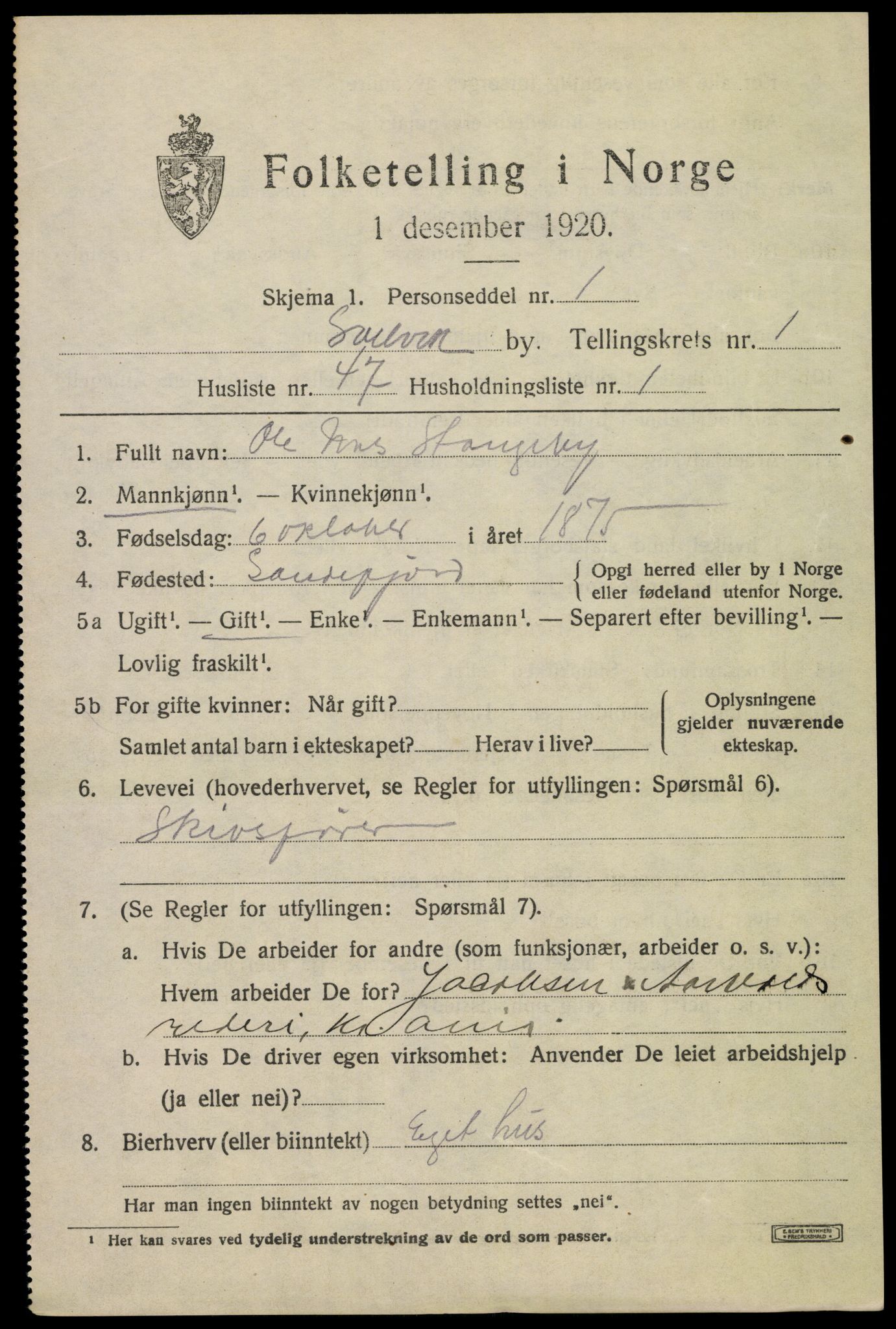 SAKO, 1920 census for Svelvik, 1920, p. 1687