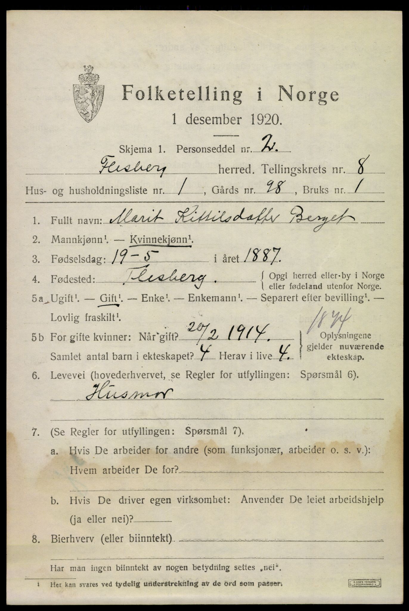 SAKO, 1920 census for Flesberg, 1920, p. 3053