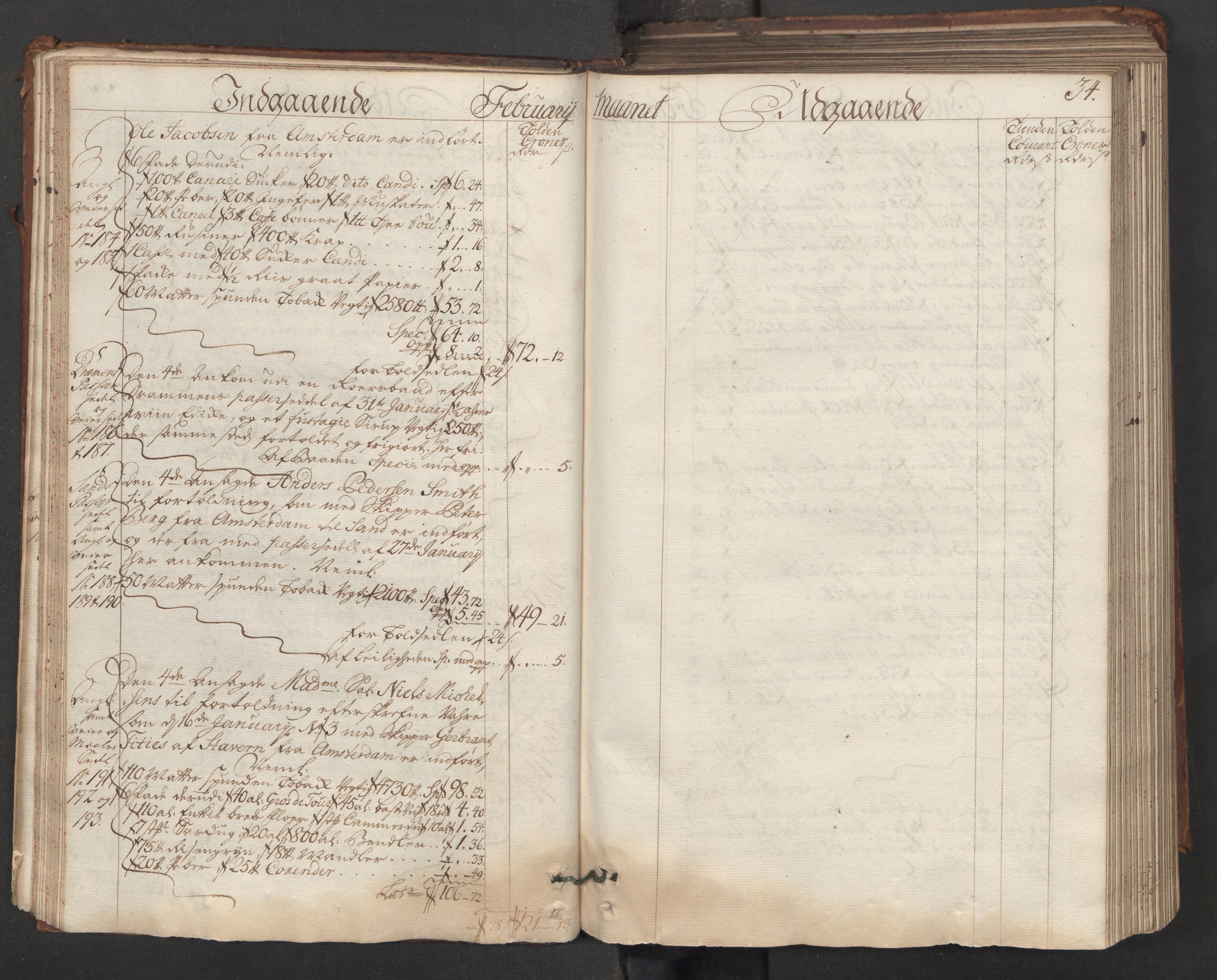 Generaltollkammeret, tollregnskaper, AV/RA-EA-5490/R06/L0015/0001: Tollregnskaper Kristiania / Hovedtollbok, 1733, p. 33b-34a