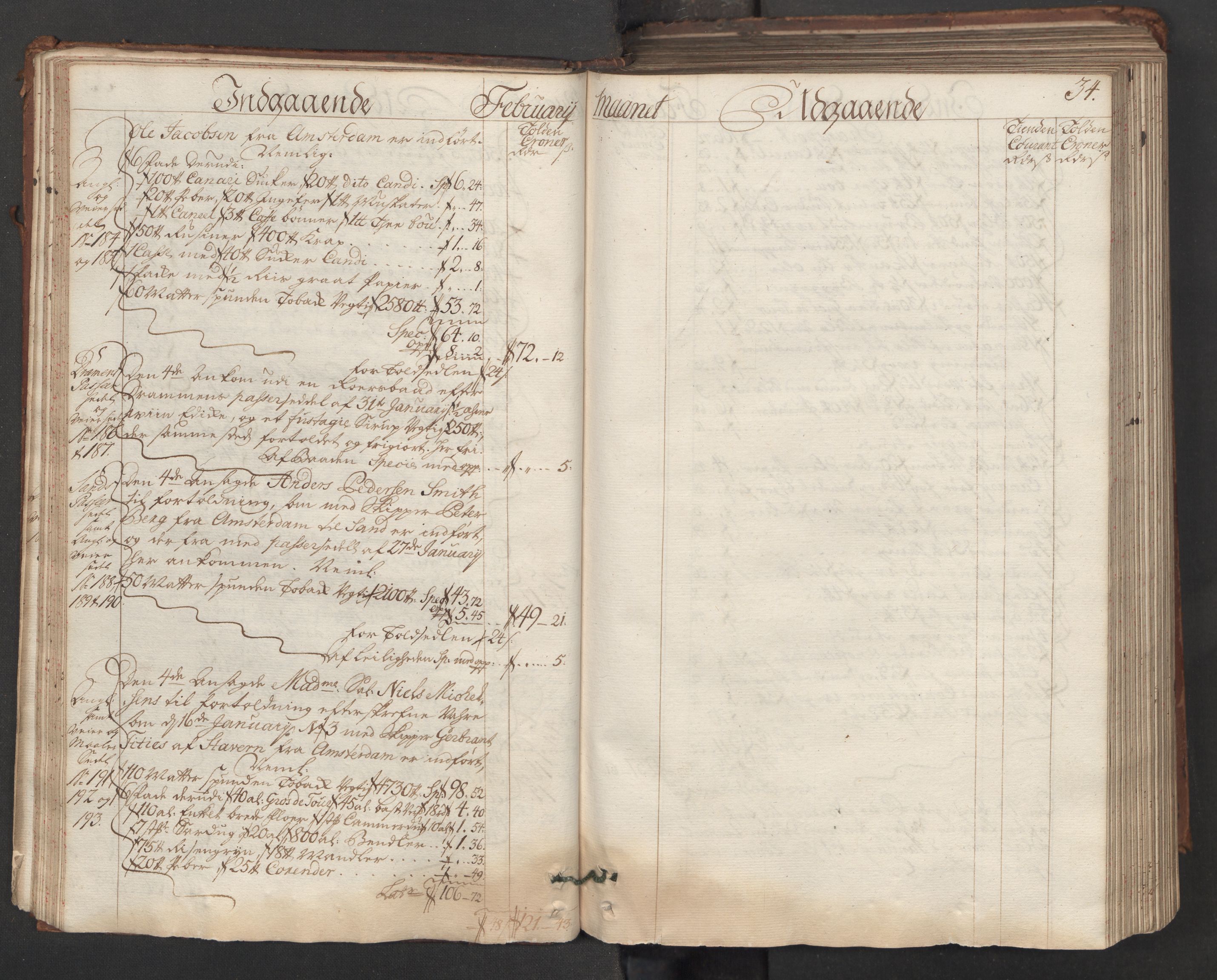 Generaltollkammeret, tollregnskaper, RA/EA-5490/R06/L0015/0001: Tollregnskaper Kristiania / Hovedtollbok, 1733, p. 33b-34a