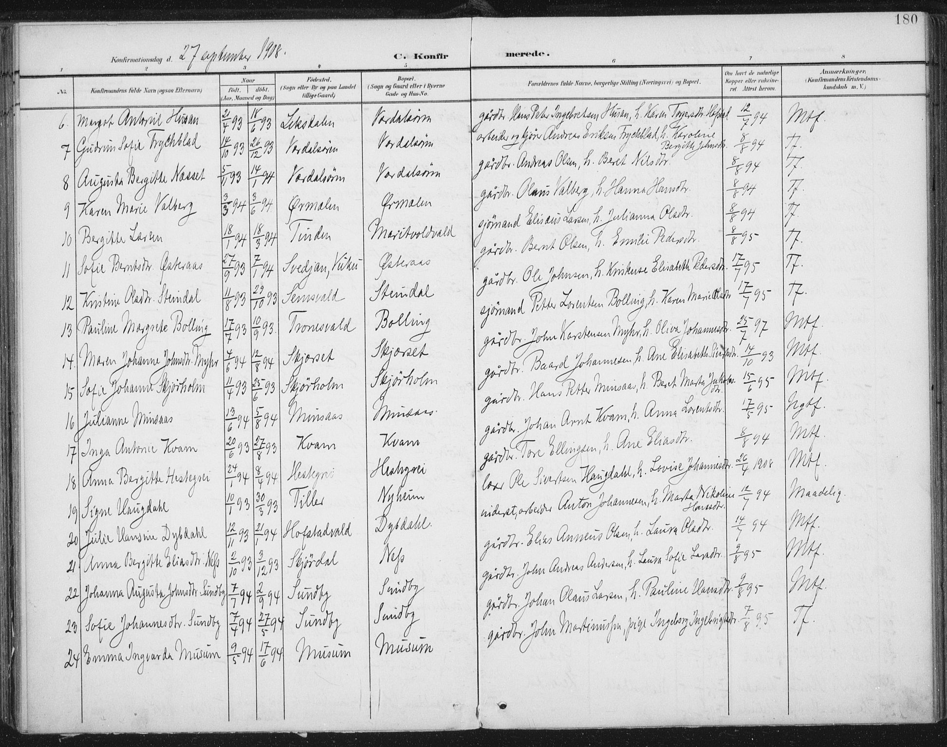 Ministerialprotokoller, klokkerbøker og fødselsregistre - Nord-Trøndelag, SAT/A-1458/723/L0246: Parish register (official) no. 723A15, 1900-1917, p. 180