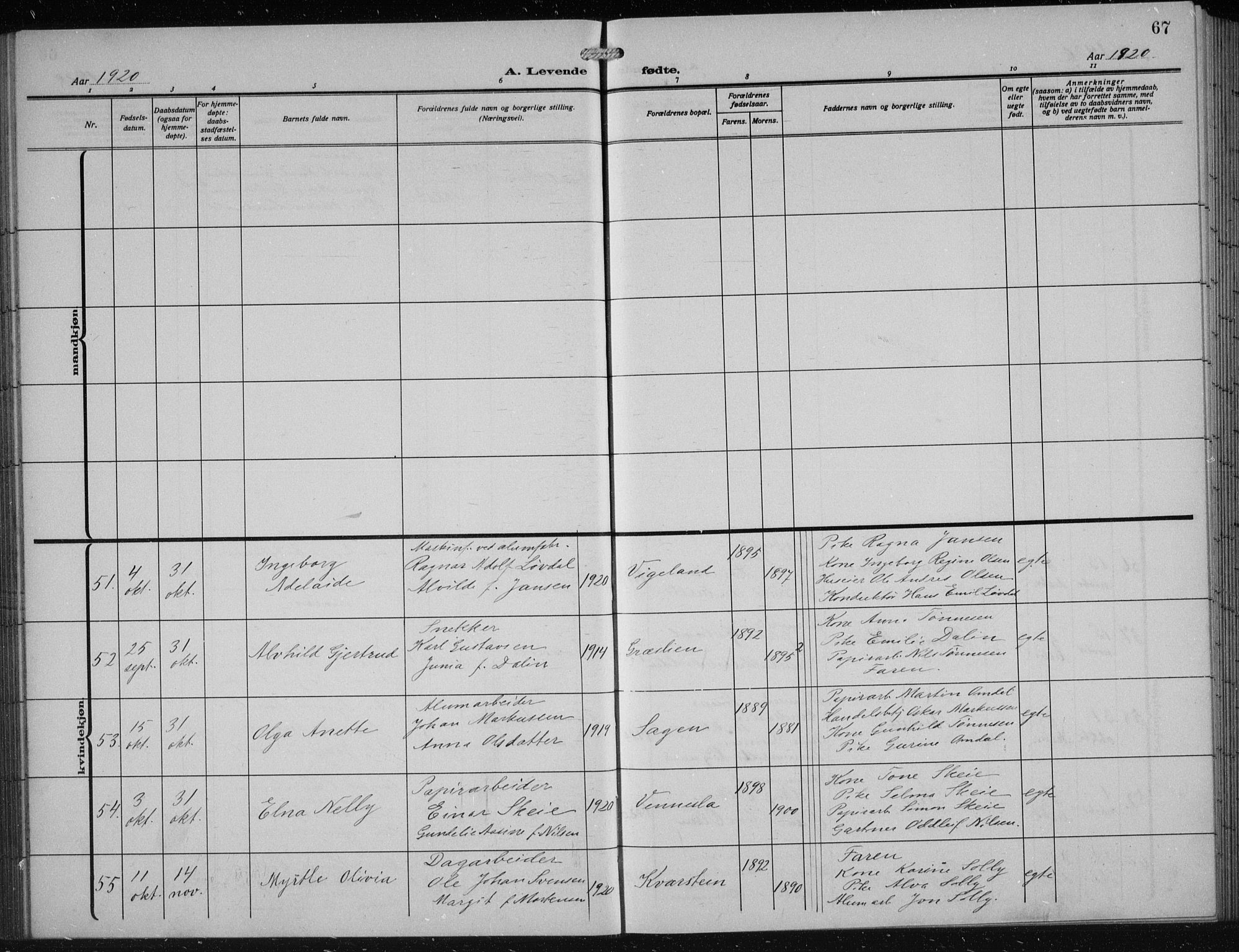 Vennesla sokneprestkontor, AV/SAK-1111-0045/Fb/Fbb/L0006: Parish register (copy) no. B 6, 1914-1921, p. 67