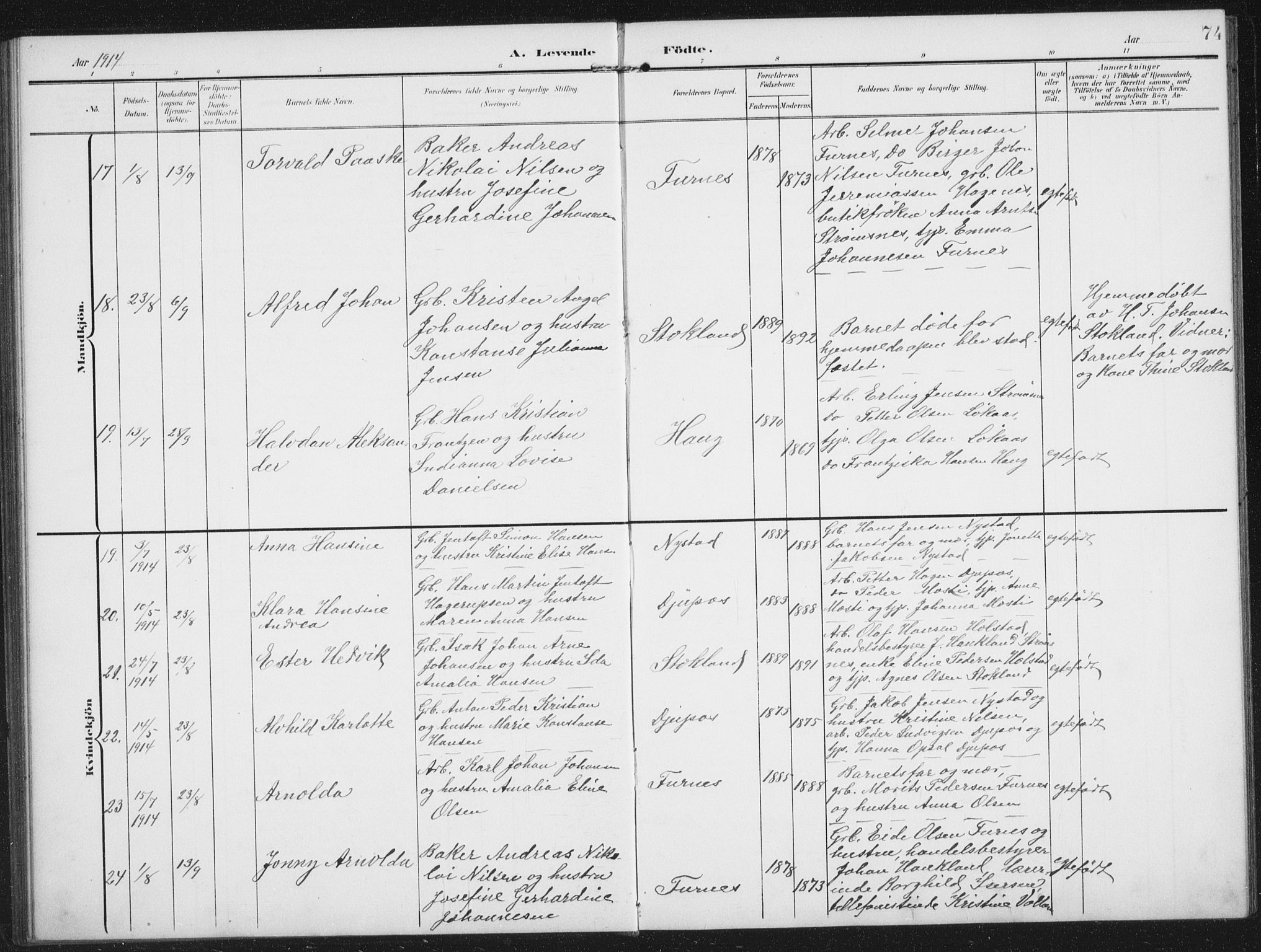 Ministerialprotokoller, klokkerbøker og fødselsregistre - Nordland, AV/SAT-A-1459/851/L0726: Parish register (copy) no. 851C01, 1902-1924, p. 74