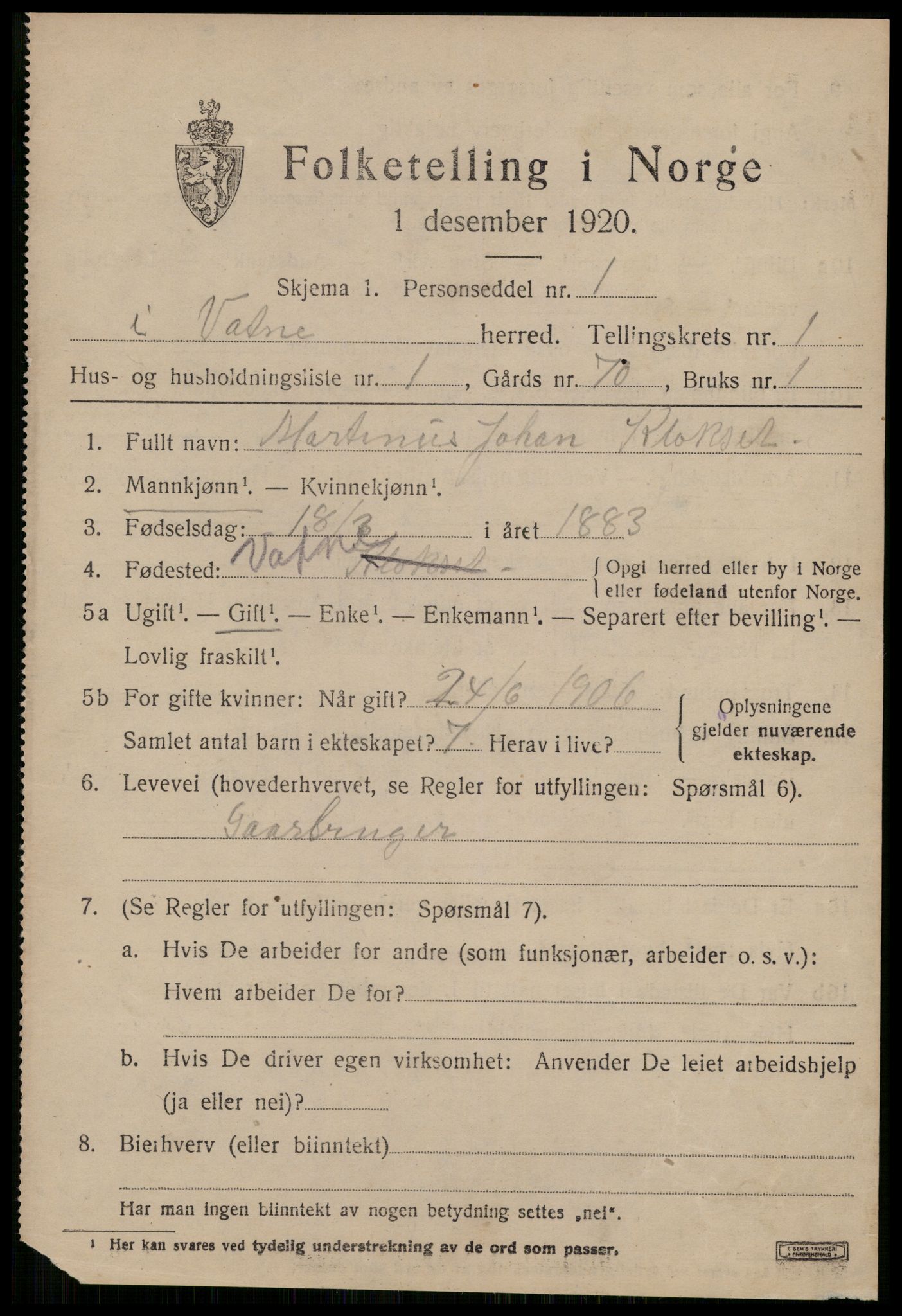 SAT, 1920 census for Vatne, 1920, p. 576